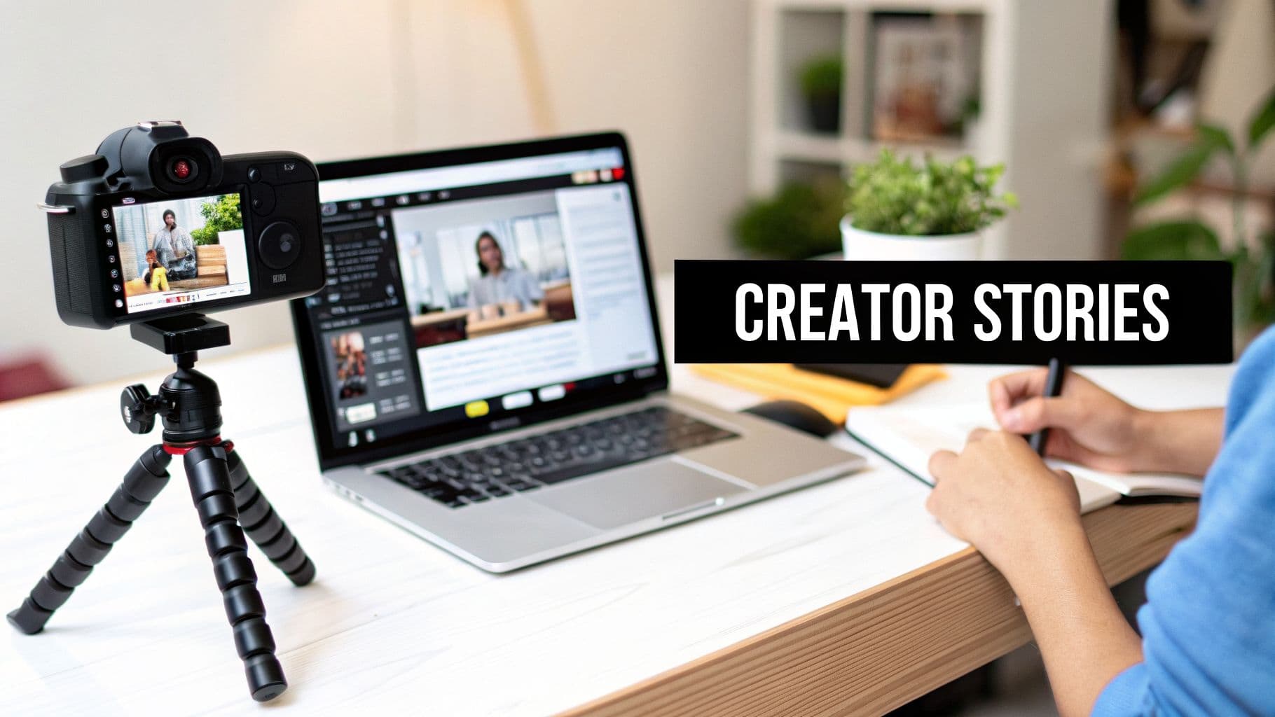 Una persona escribe notas en un escritorio con una cámara en un trípode y una laptop mostrando un video, superposición de texto 'HISTORIAS DE CREADORES'.