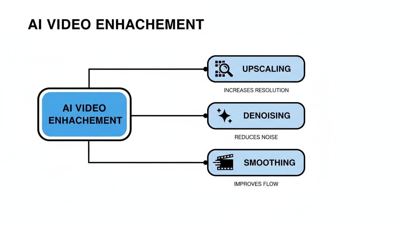 Un diagrama que il·lustra mètodes d millorament de vídeo amb IA: escalat, desenfosquiment i suavitzat, cadascun amb una breu descripció.