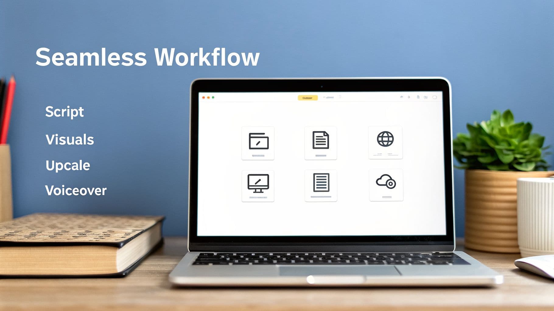 Un portàtil mostra icones per guió, visuals, escalat i veu en off, il·lustrant un flux de creació de vídeo seamless.