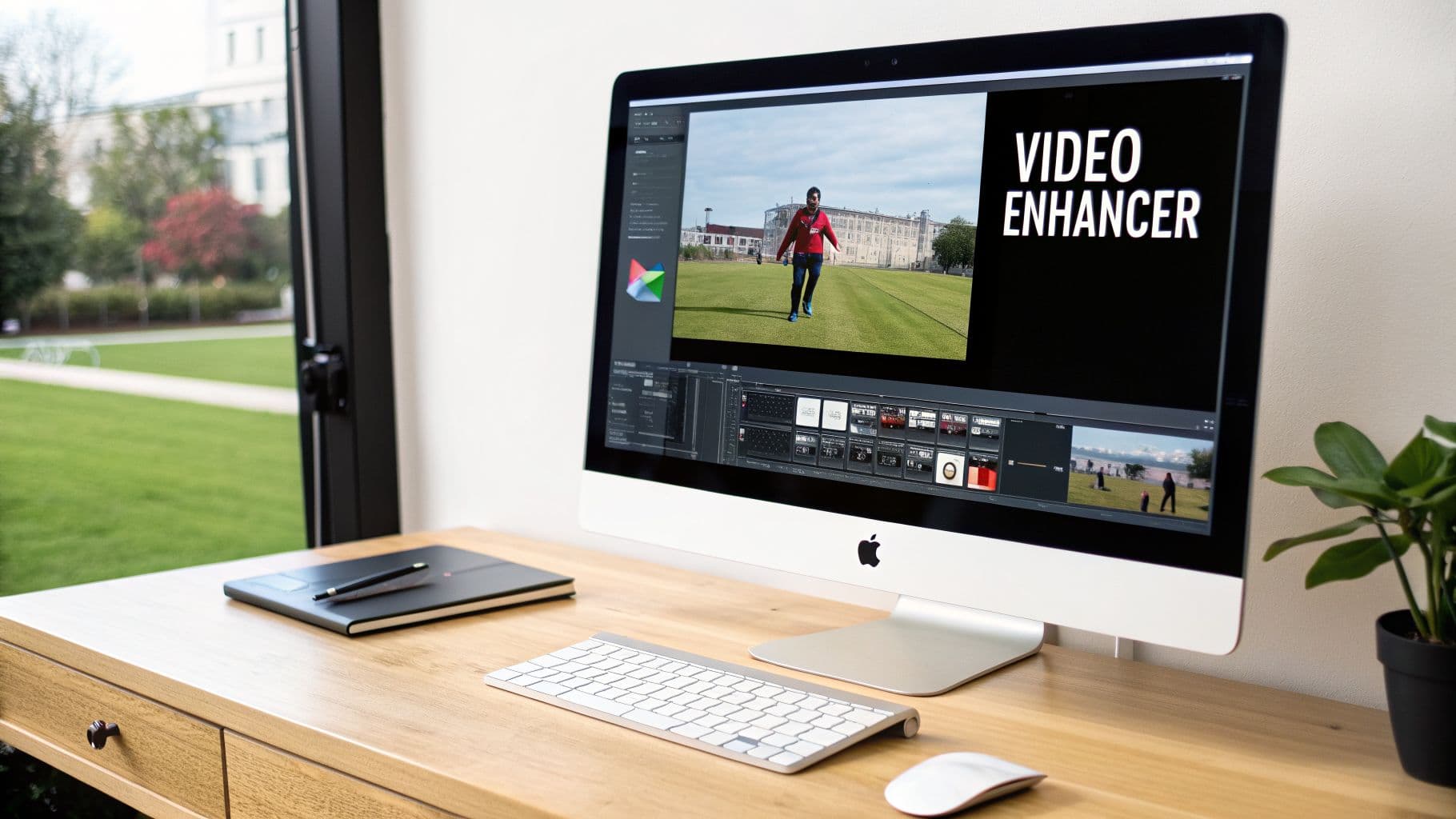 Un escriptori modern amb un Apple iMac que mostra programari d'edició de vídeo i el text 'VIDEO ENHANCER'.