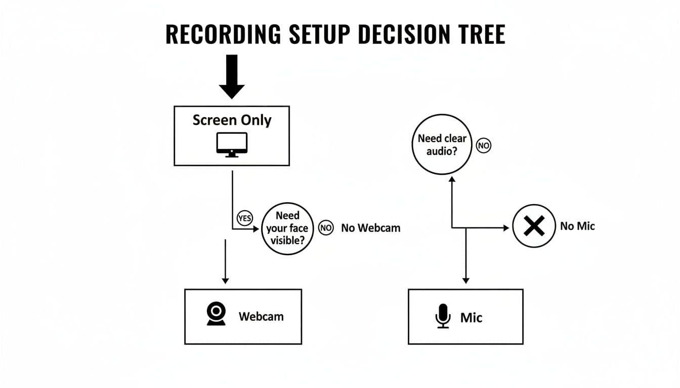 A decision tree illustrating equipment choices for recording setup, including webcam and microphone.
