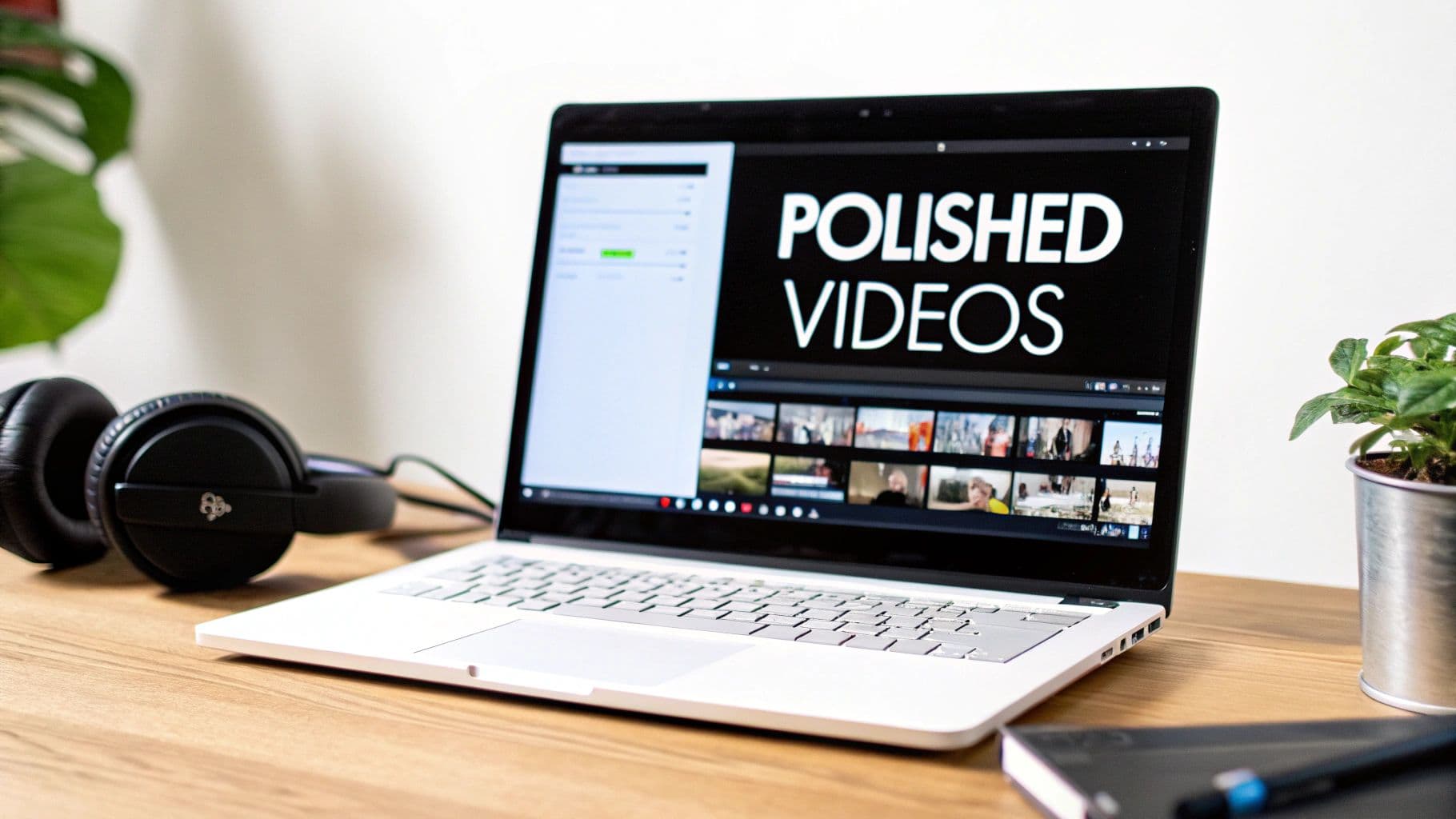 A white laptop showing a video editing program with 'POLISHED VIDEOS' on screen, with headphones and a plant on a wooden desk.
