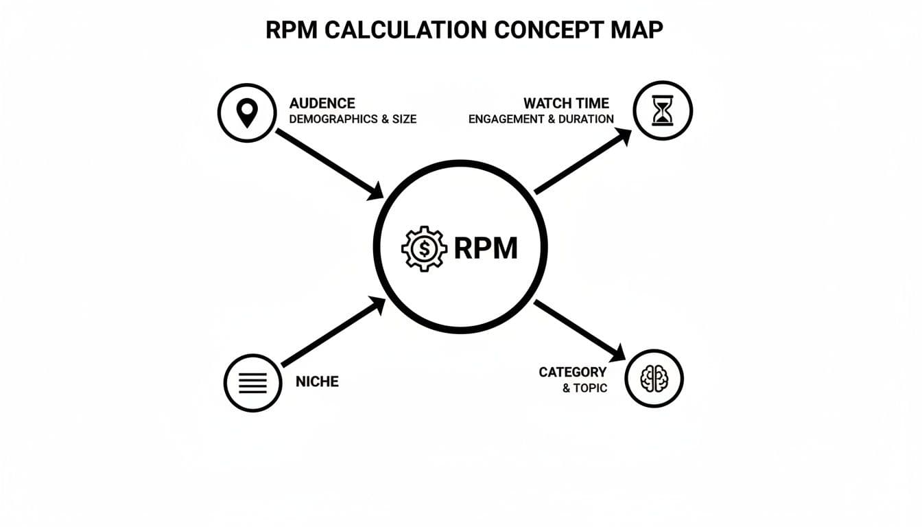 A concept map showing how audience, watch time, niche, and category influence RPM.