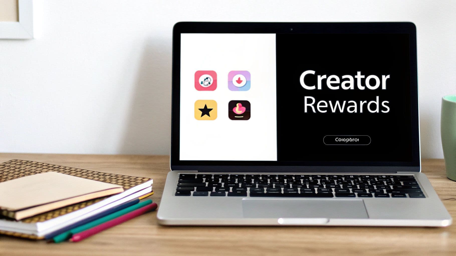 A laptop on a wooden desk displaying 'Creator Rewards' with app icons, next to notebooks and pens.