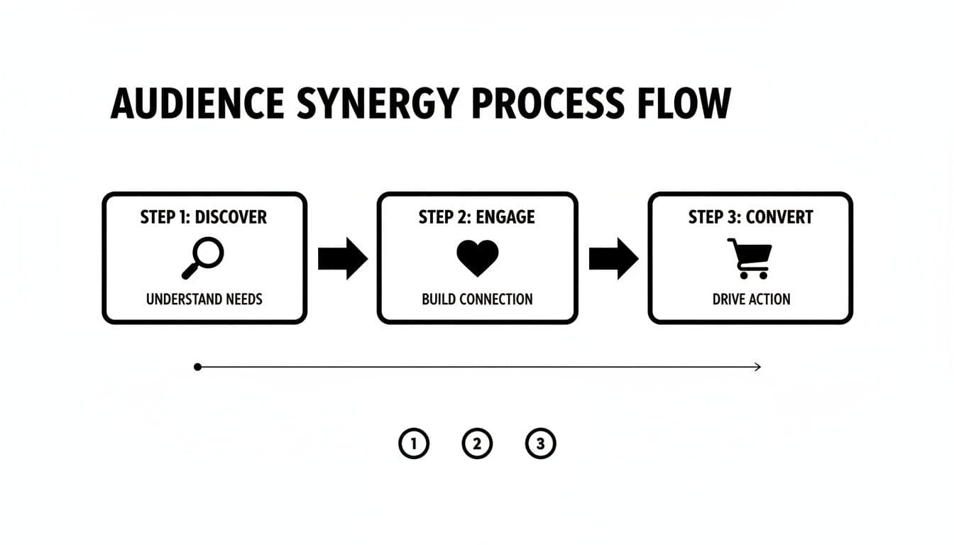 Diagrama de flux del procés de sinergia d'audiència que il·lustra tres passos: Descobreix, Interactua, Converteix.