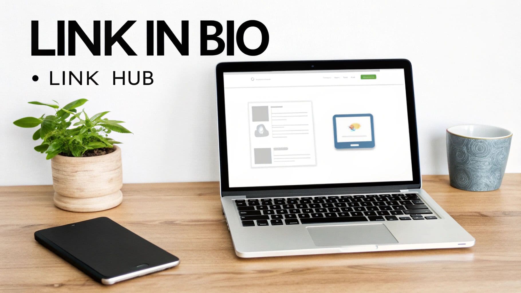 Un espai de treball amb text 'LINK IN BIO' i 'LINK HUB', un portàtil, telèfon, planta i tassa.