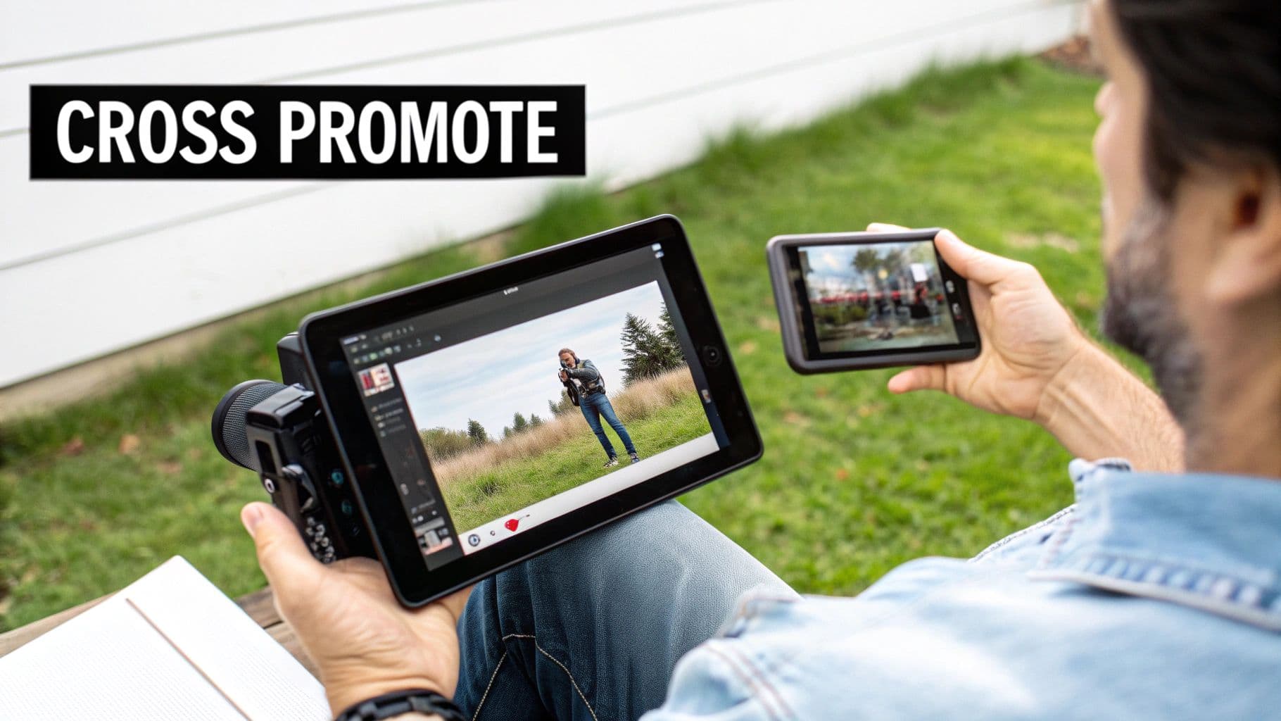 Una persona aguantant una tauleta i smartphone, visualitzant contingut i promocionant entre xarxes socials.