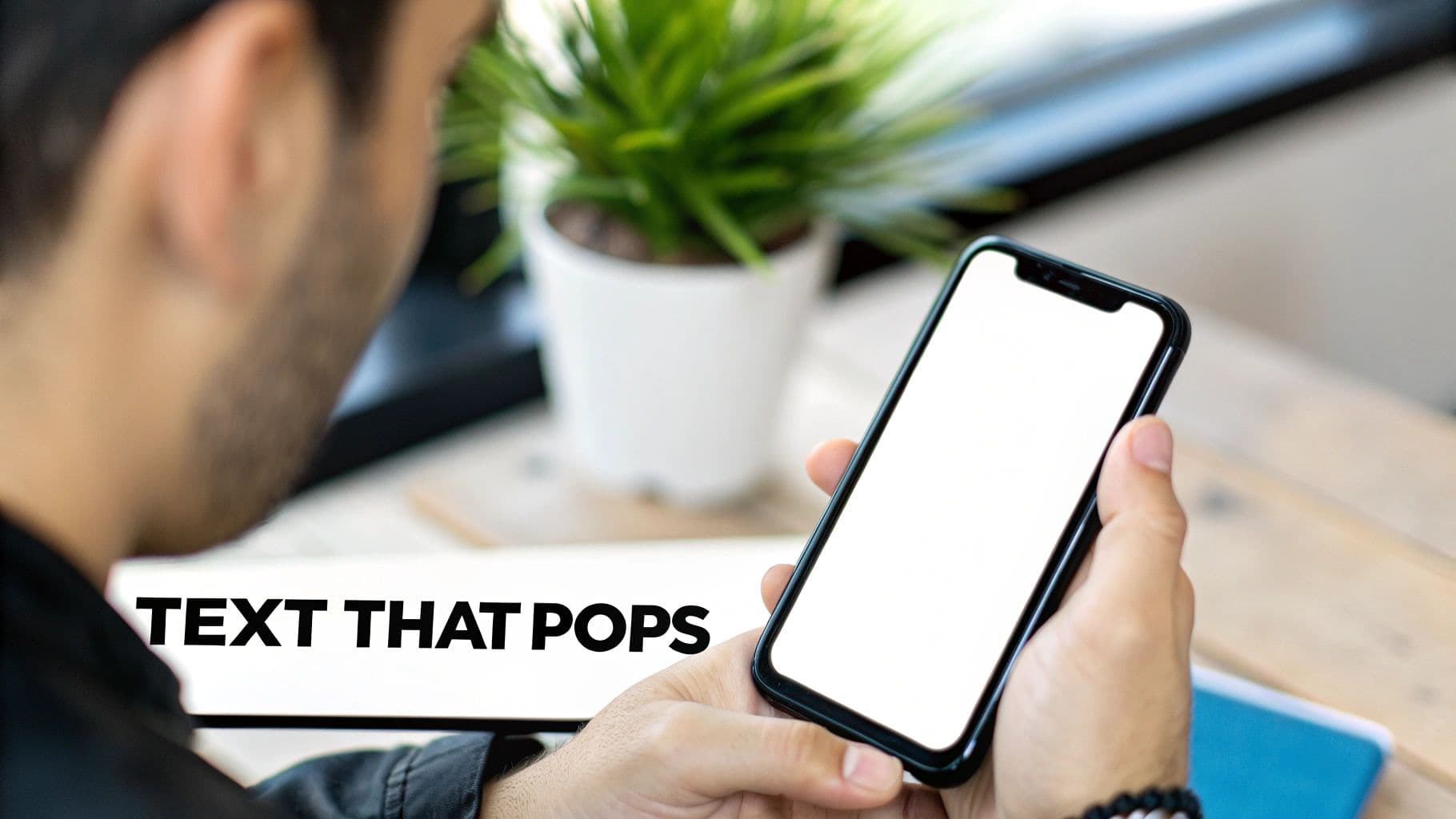 Osoba držící smartphone s prázdnou obrazovkou, připravenou pro přidání vlastního textu.