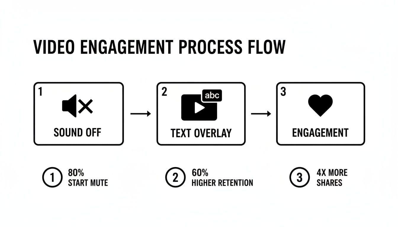 Flowchart ilustrující proces zapojení do videa od vypnutého zvuku k textovému overlayi, vedoucí k zapojení.