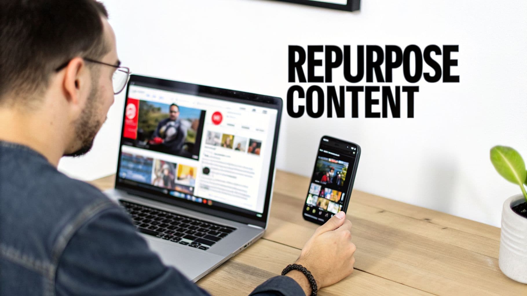 Un uomo guarda video su laptop e smartphone con 'REPURPOSE CONTENT' sul muro.
