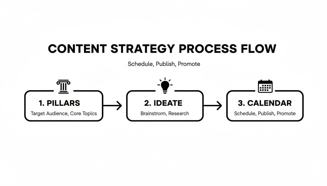 Content strategy process flow diagram showing three steps: Pillars, Ideate, and Calendar for scheduling, publishing, and promoting.