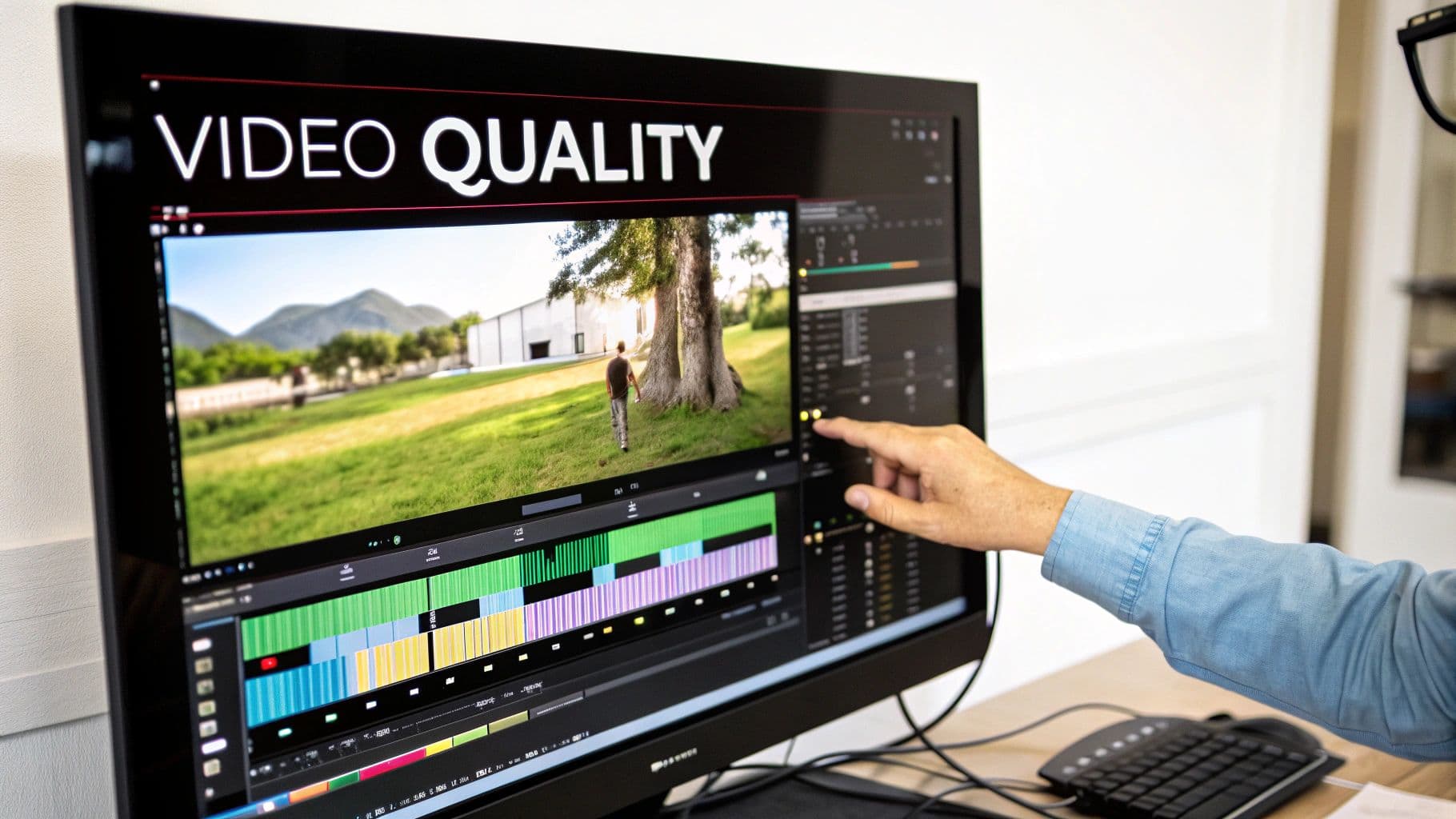Una vista de pantalla dividida que mostra un vídeo generat per IA d'alta resolució i fotorrealista d'un costat i la interfície d'edició d'un creador de l'altre, simbolitzant qualitat i control.
