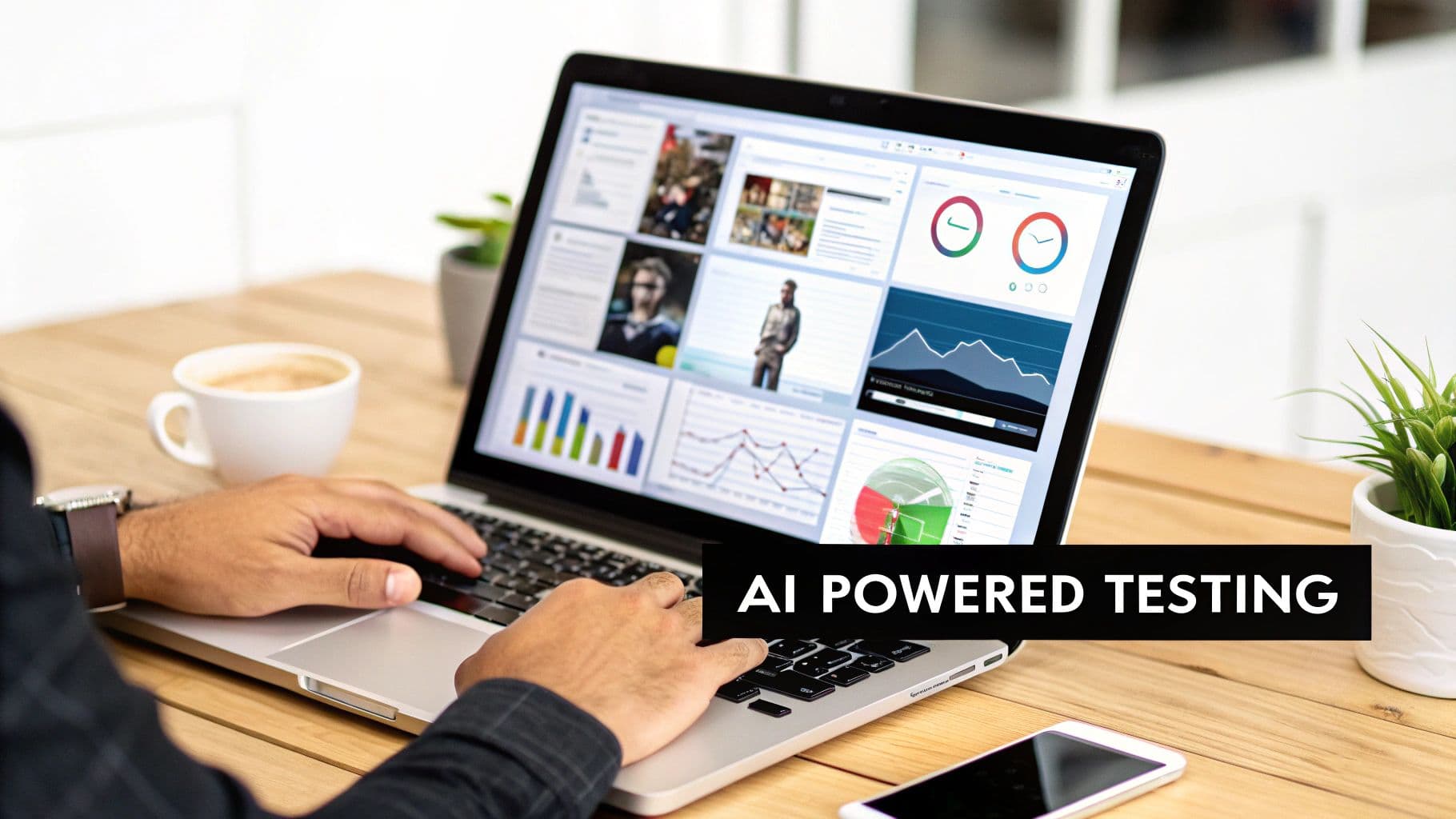 Person typing on a laptop displaying data dashboards with charts and text 'AI Powered Testing'.