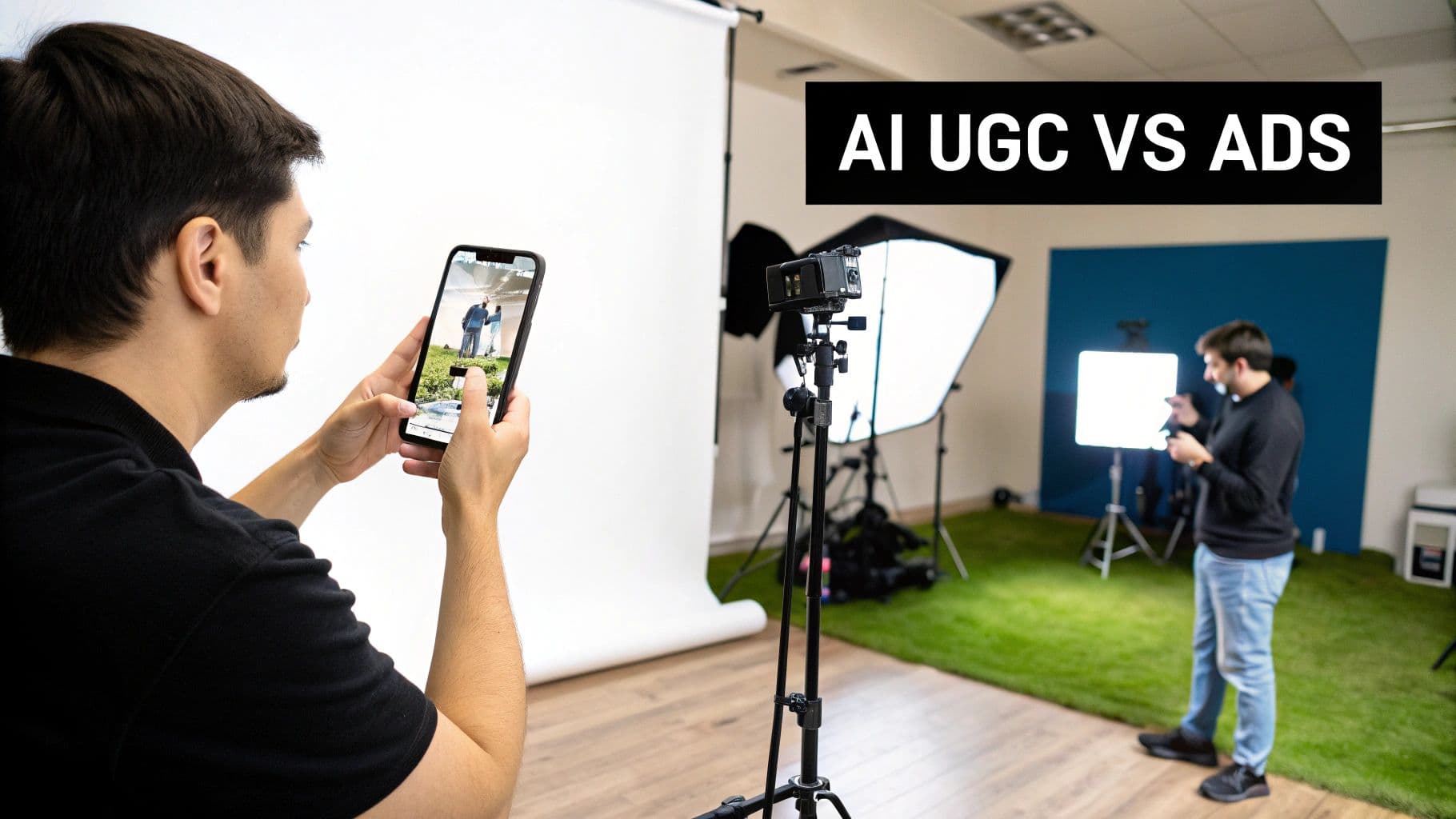 رجل يشاهد محتوى مولدًا بالذكاء الاصطناعي على هاتفه في استوديو تصوير، مقارنة UGC مقابل الإعلانات.