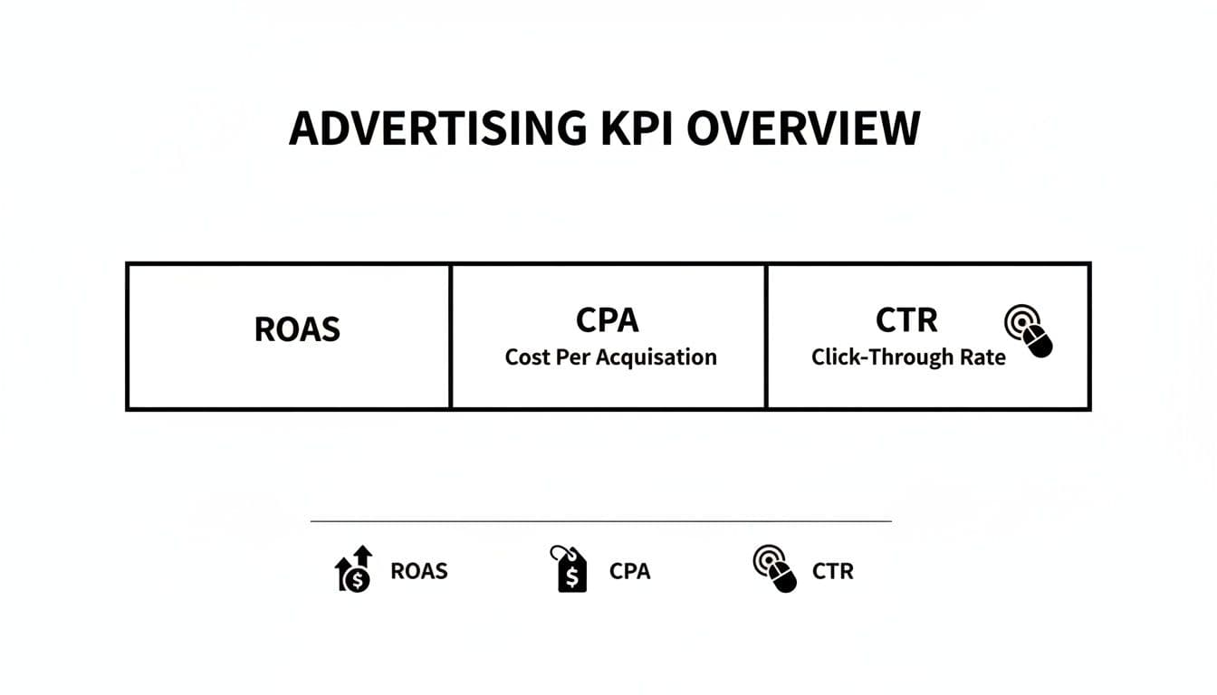 نظرة عامة على KPIs الإعلانية تعرض ROAS وCPA وCTR مع أشكالها الكاملة وأيقونات توضيحية.