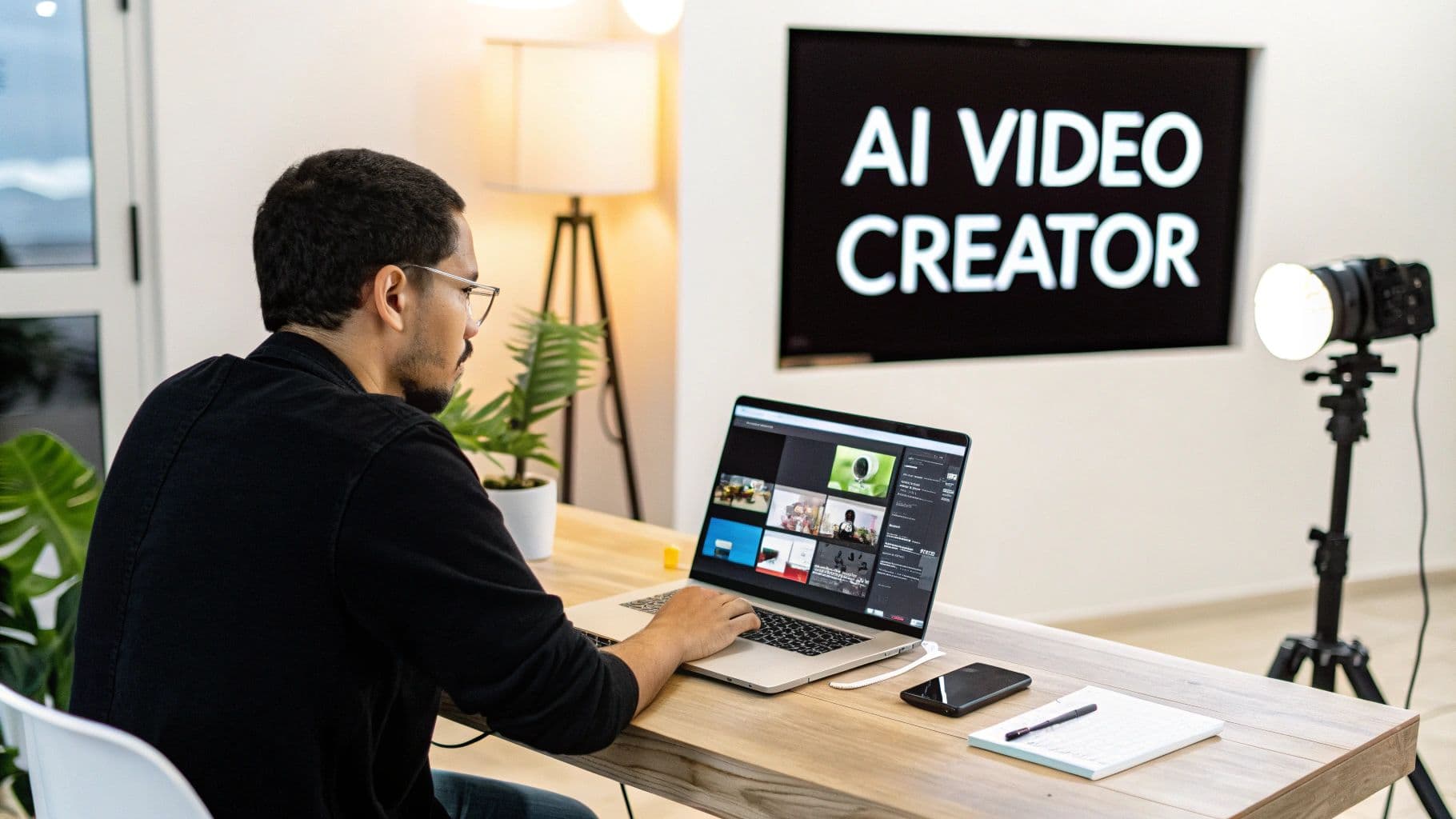 Un home amb ulleres utilitza un portàtil en un escriptori, amb una gran pantalla que mostra 'AI VIDEO CREATOR' al darrere.