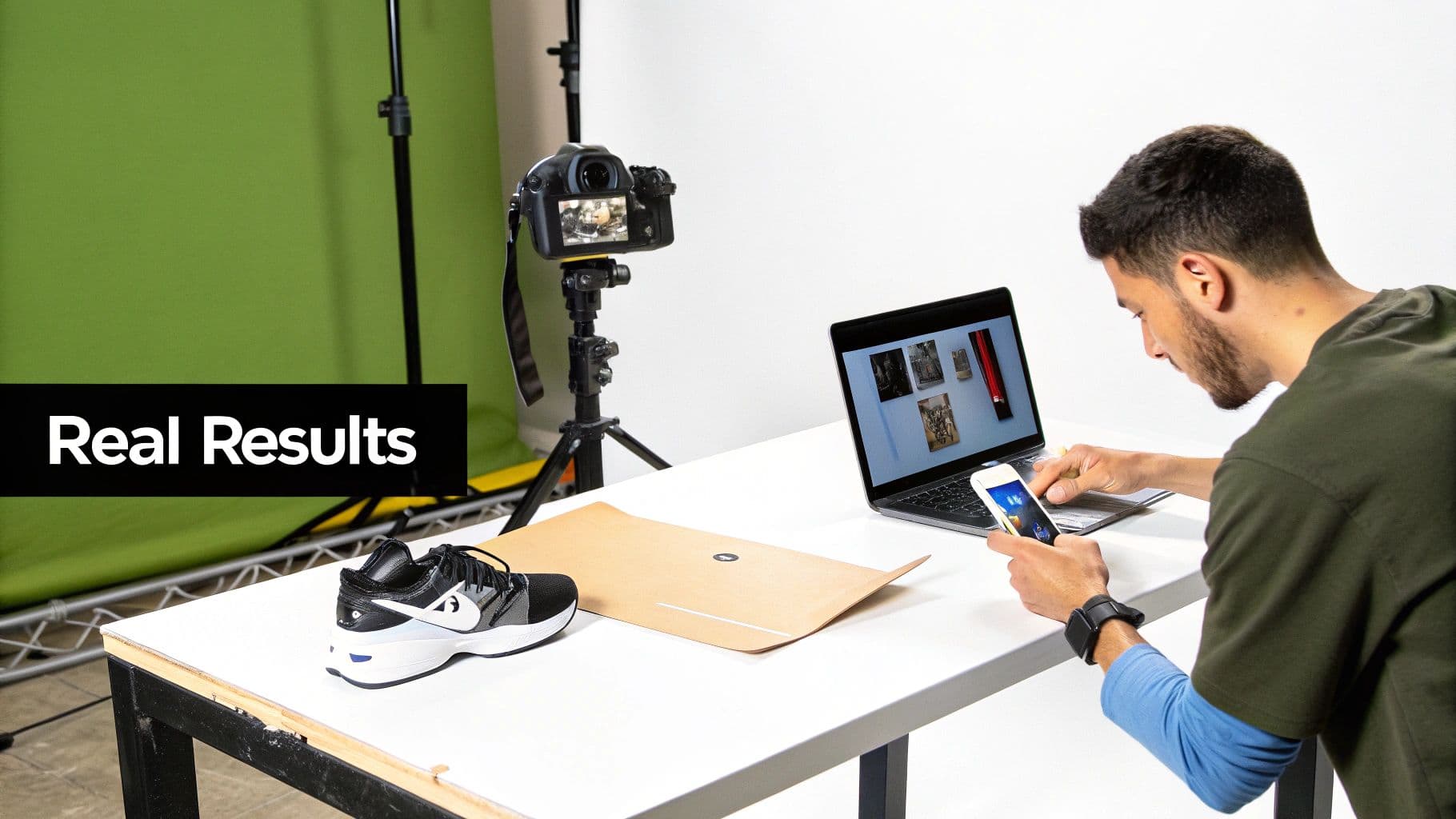 Un home repassa contingut al seu smartphone i portàtil en un entorn d’estudi creatiu amb una sabata d’esport.