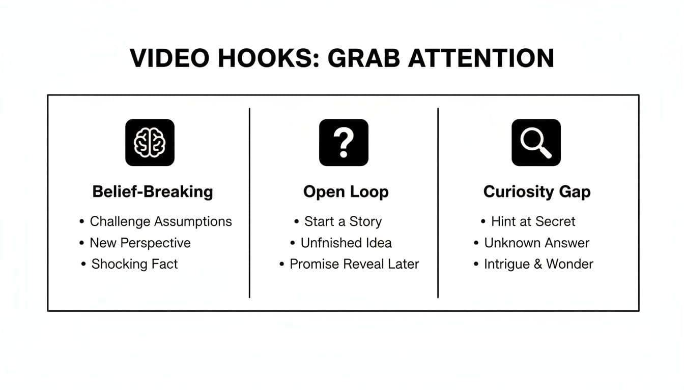 גרפיקה שמתארת שלושה סוגי hooks: Belief-Breaking, Open Loop ו-Curiosity Gap, כדי לתפוס תשומת לב קהל.
