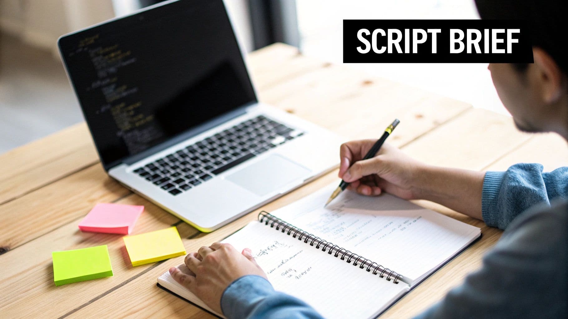 Una persona pren notes en un quadern espiral en un escriptori de fusta amb un portàtil.