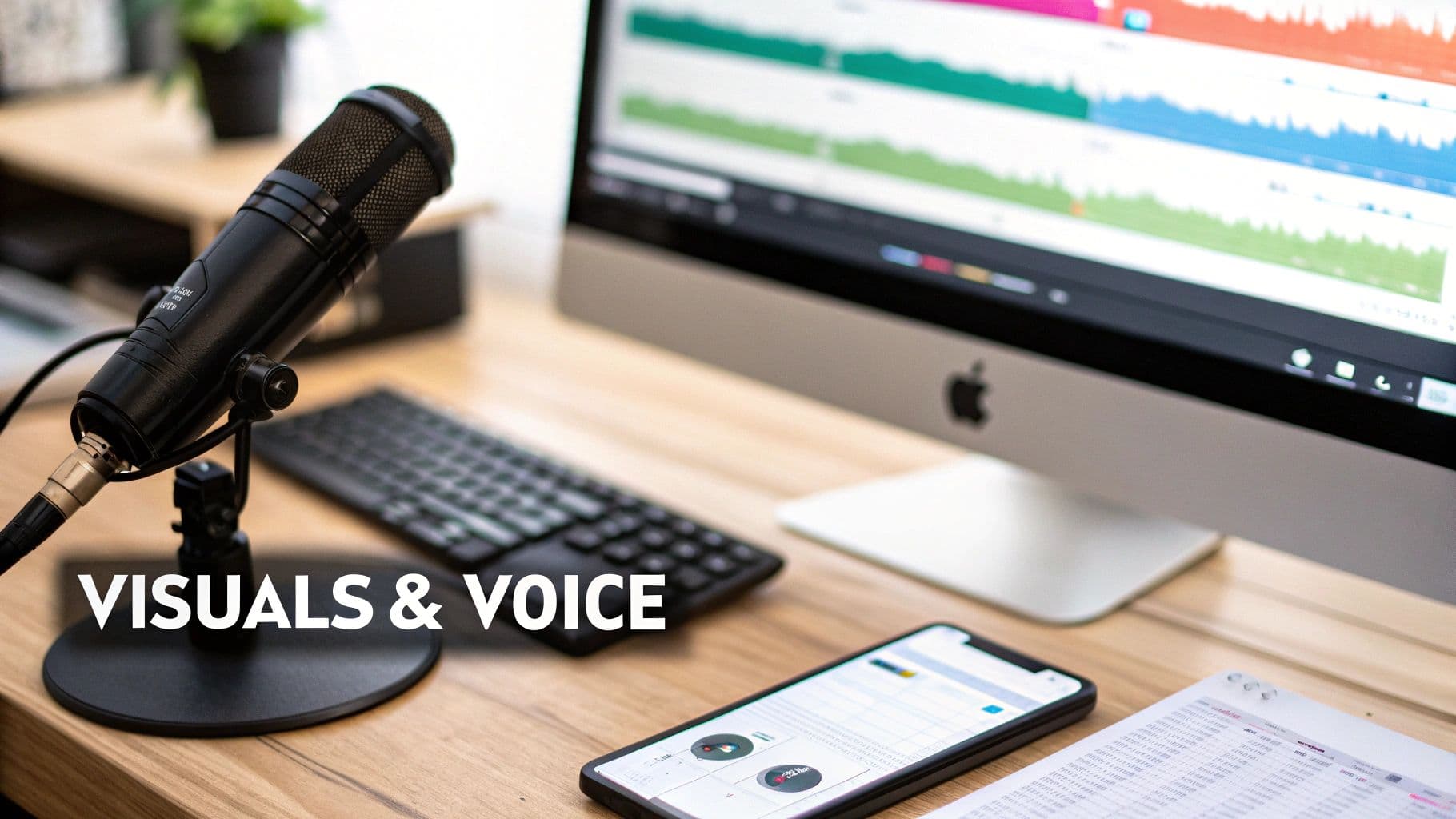 Un escriptori d'estudi d'enregistrament amb un micròfon, ordinador mostrant formes d'ona d'àudio i un smartphone.
