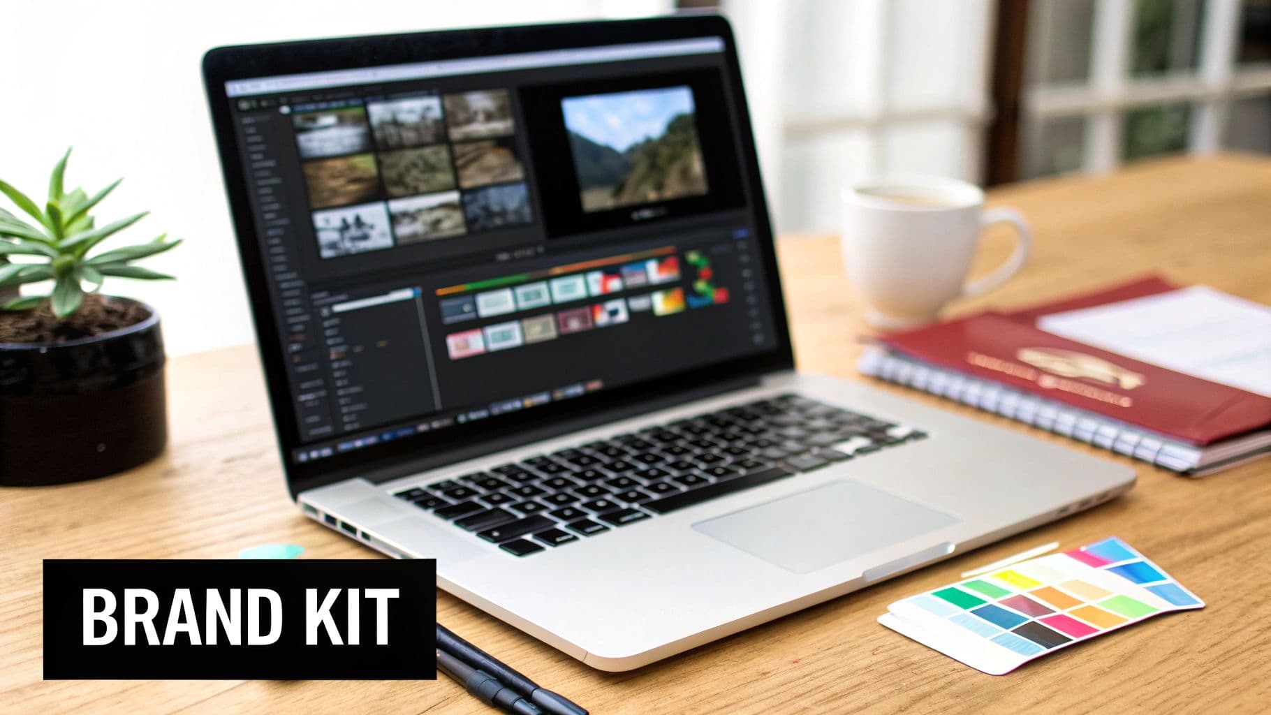 Un espai de treball creatiu amb un portàtil mostrant programari d'edició de vídeo, una planta i eines de disseny.