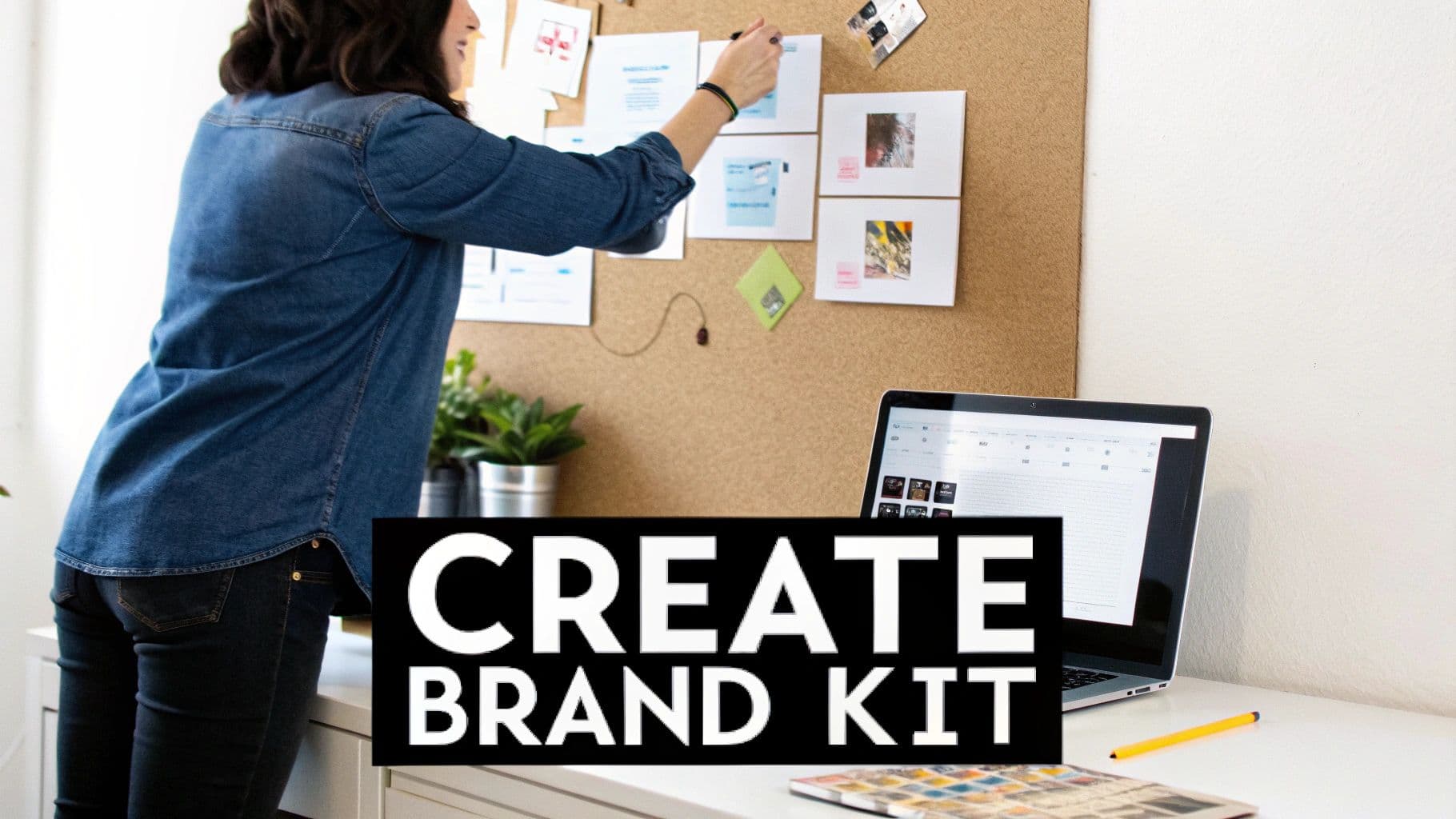 A woman develops a brand kit, organizing a cork board with ideas, next to a laptop.