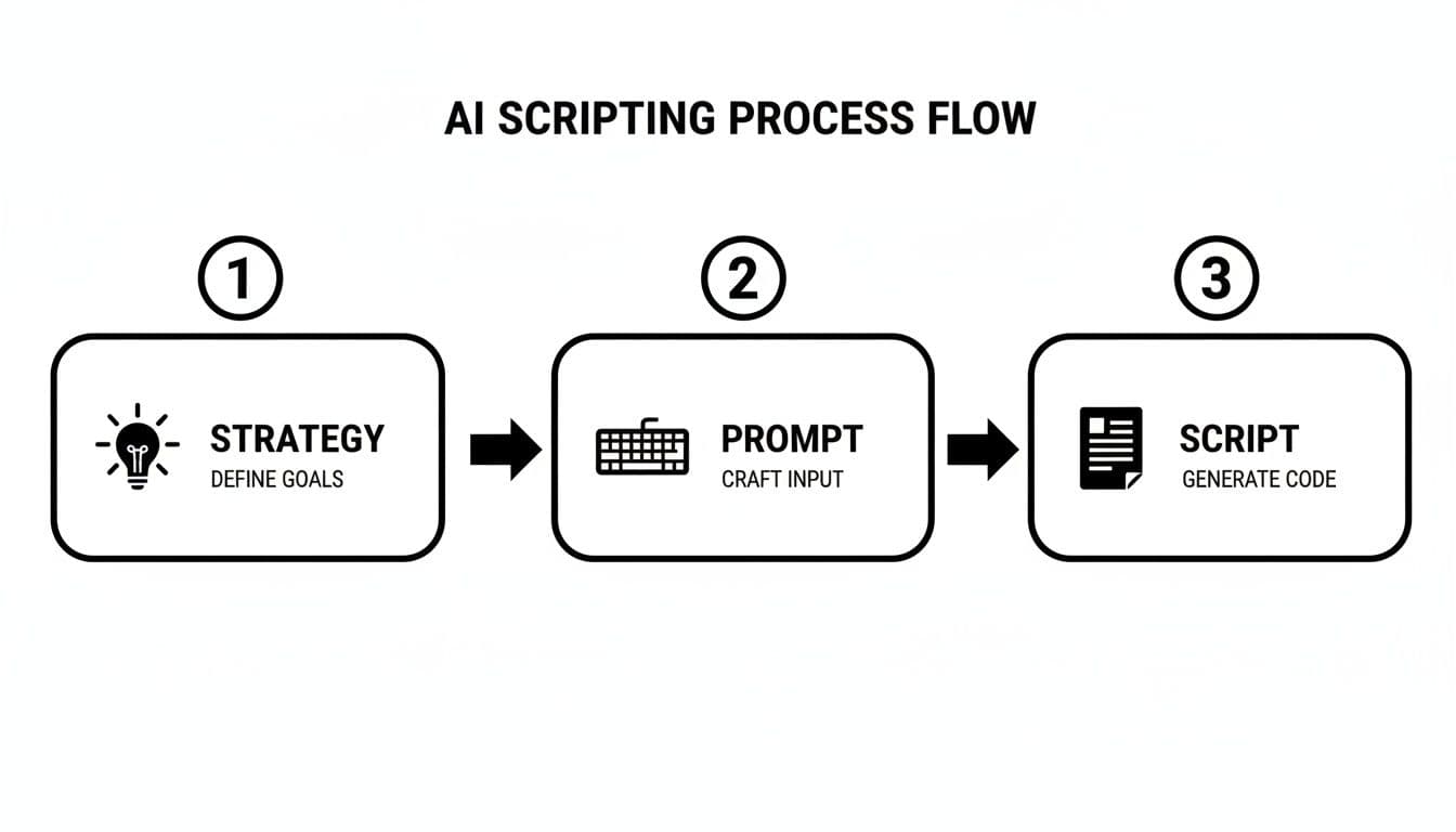 A flow chart illustrating the AI scripting process: Strategy, Prompt, and Script generation.
