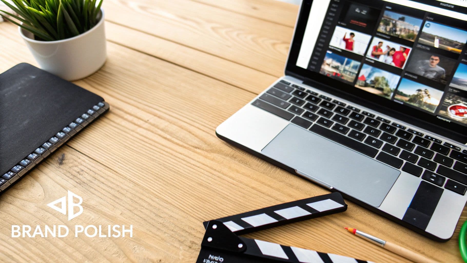 Overhead view of a creative workspace with a laptop displaying video content, a film clapperboard, and a notebook.