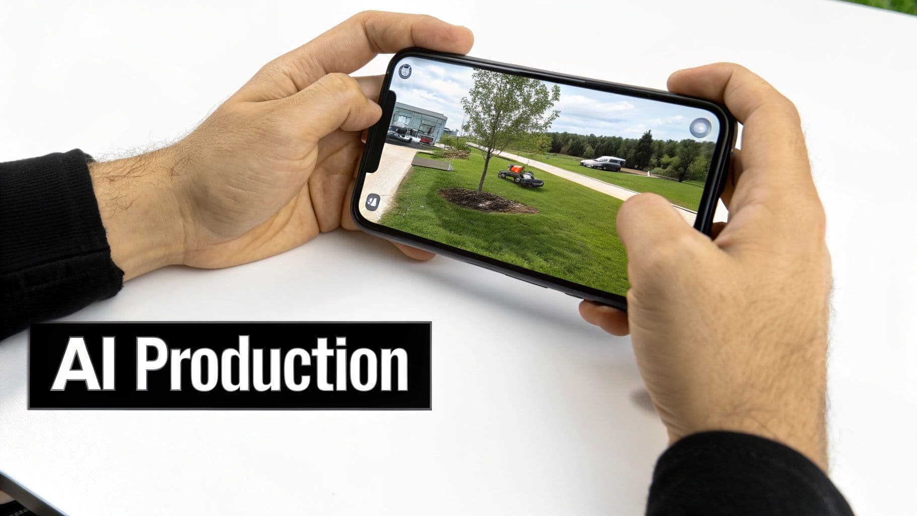 Persona sostenint un smartphone que mostra un vídeo d'un jardí i un edifici, amb text 'AI Production'.