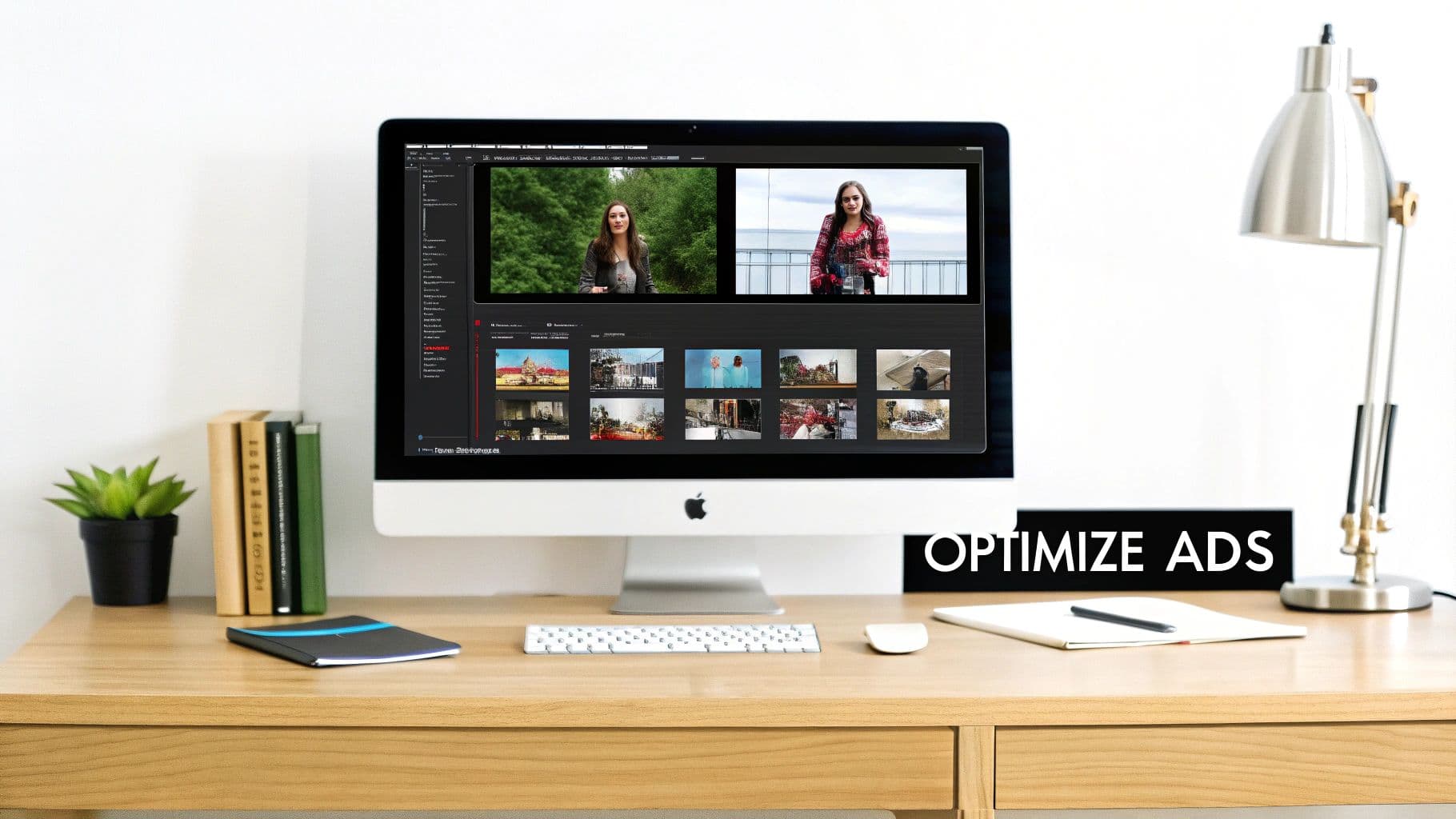Un escriptori d'oficina net amb un iMac mostrant programari d'edició de vídeo, teclat, ratolí, llibres i una làmpada. Text visible 'OPTIMIZE ADS'.