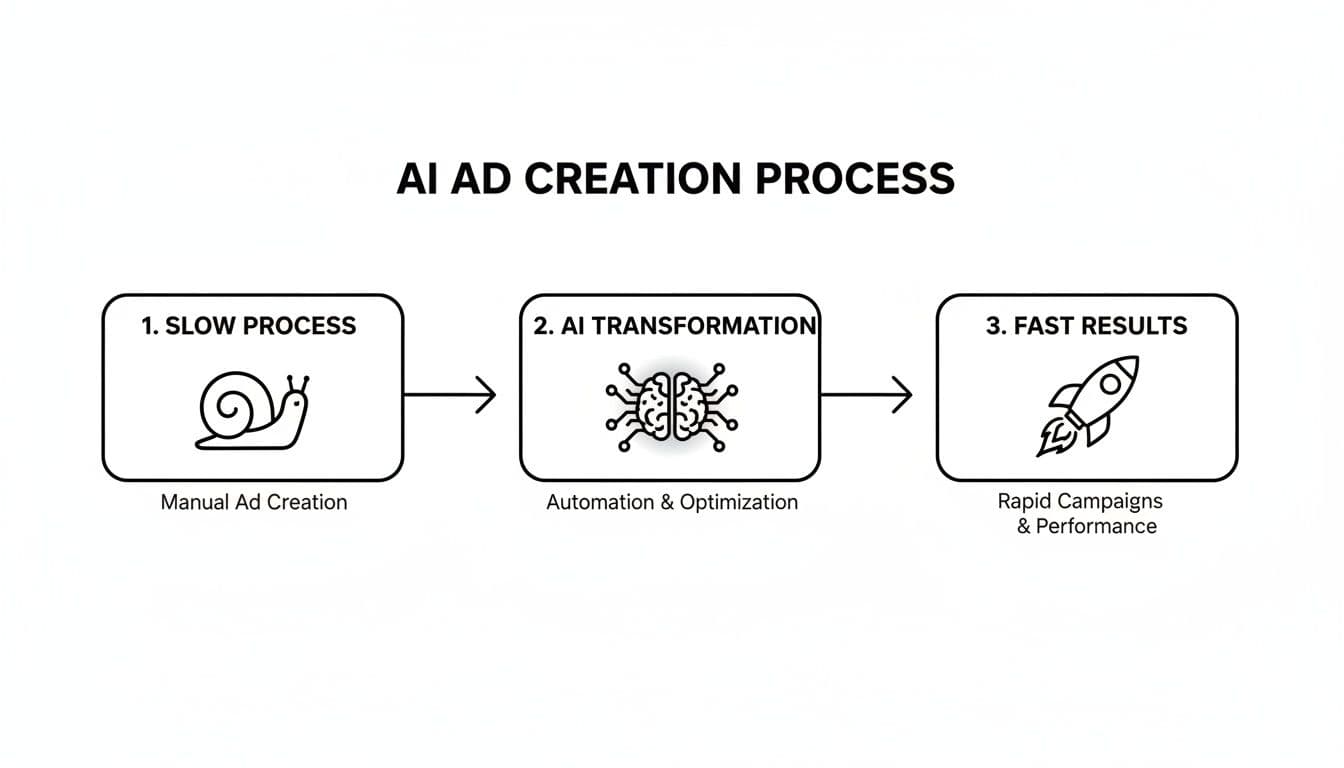 Diagrama del procés de creació d'anuncis amb IA: el manual és lent, la IA transforma per a resultats ràpids i optimitzats.