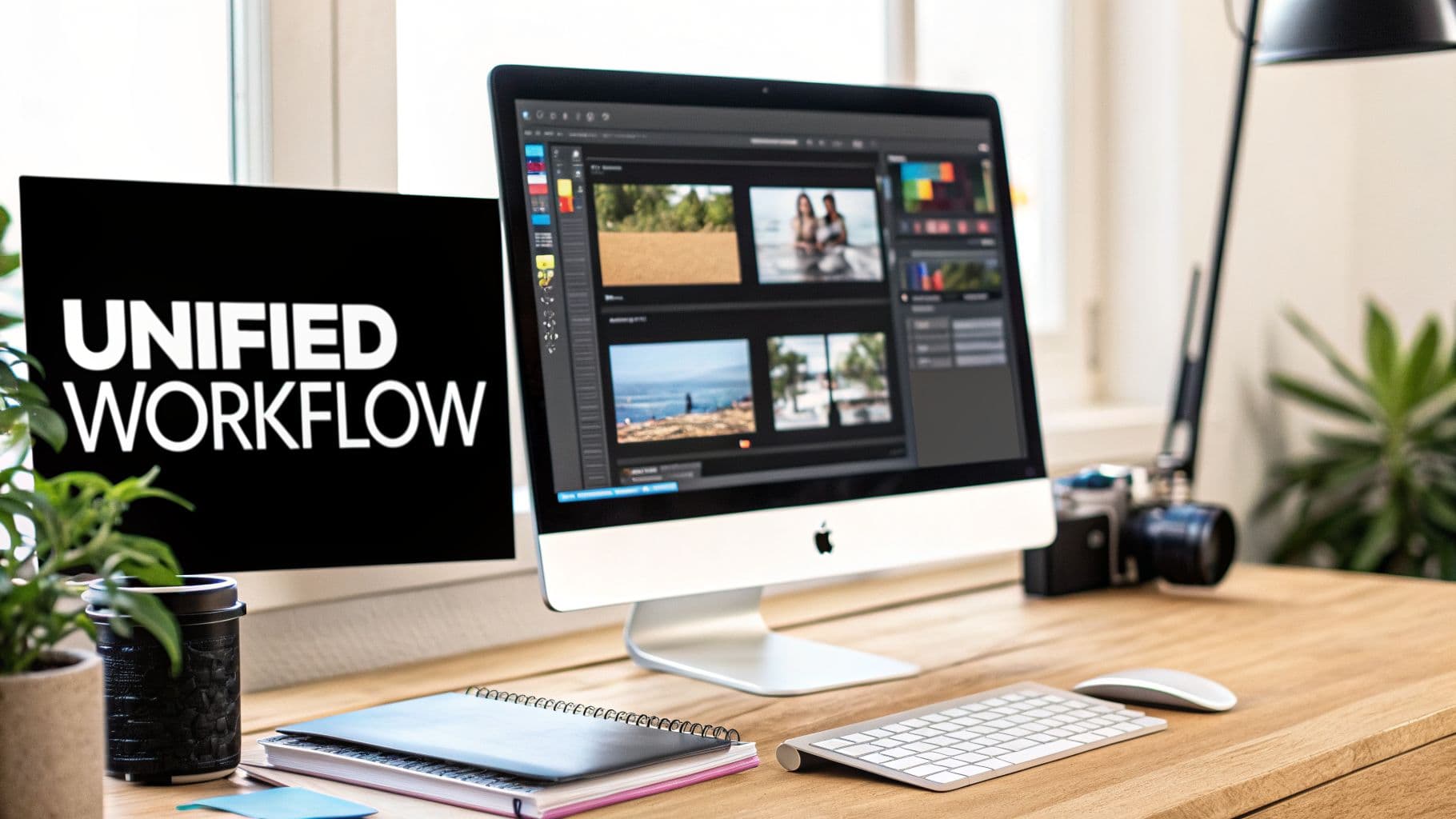 Un workspace creativo moderno con un iMac che mostra asset media e uno schermo con 'UNIFIED WORKFLOW'.