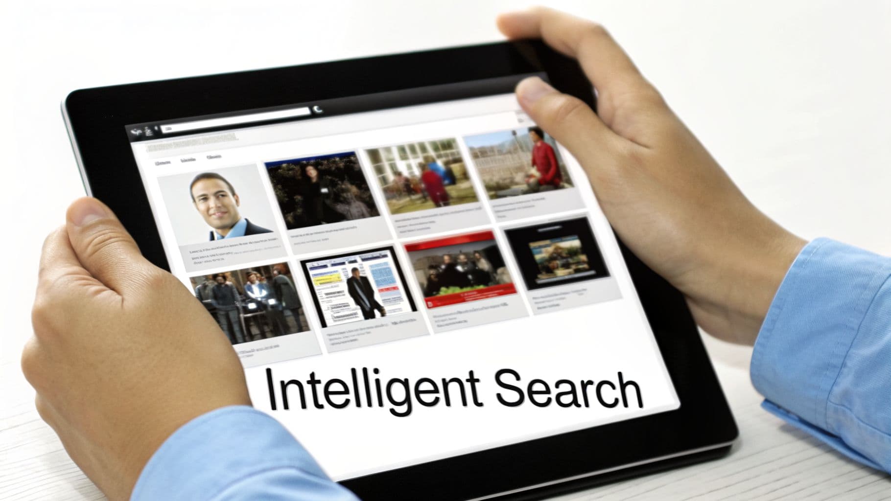 Mani tengono un tablet che mostra uno schermo 'Intelligent Search' con vari risultati immagine.