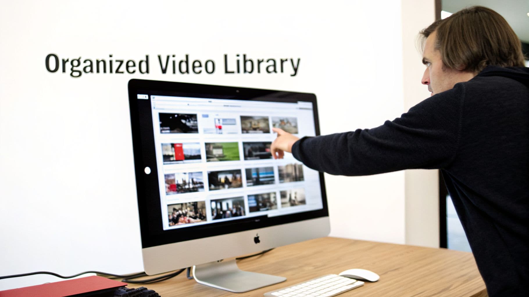 Una persona indica uno schermo iMac che mostra una griglia di miniature video in una libreria video organizzata.
