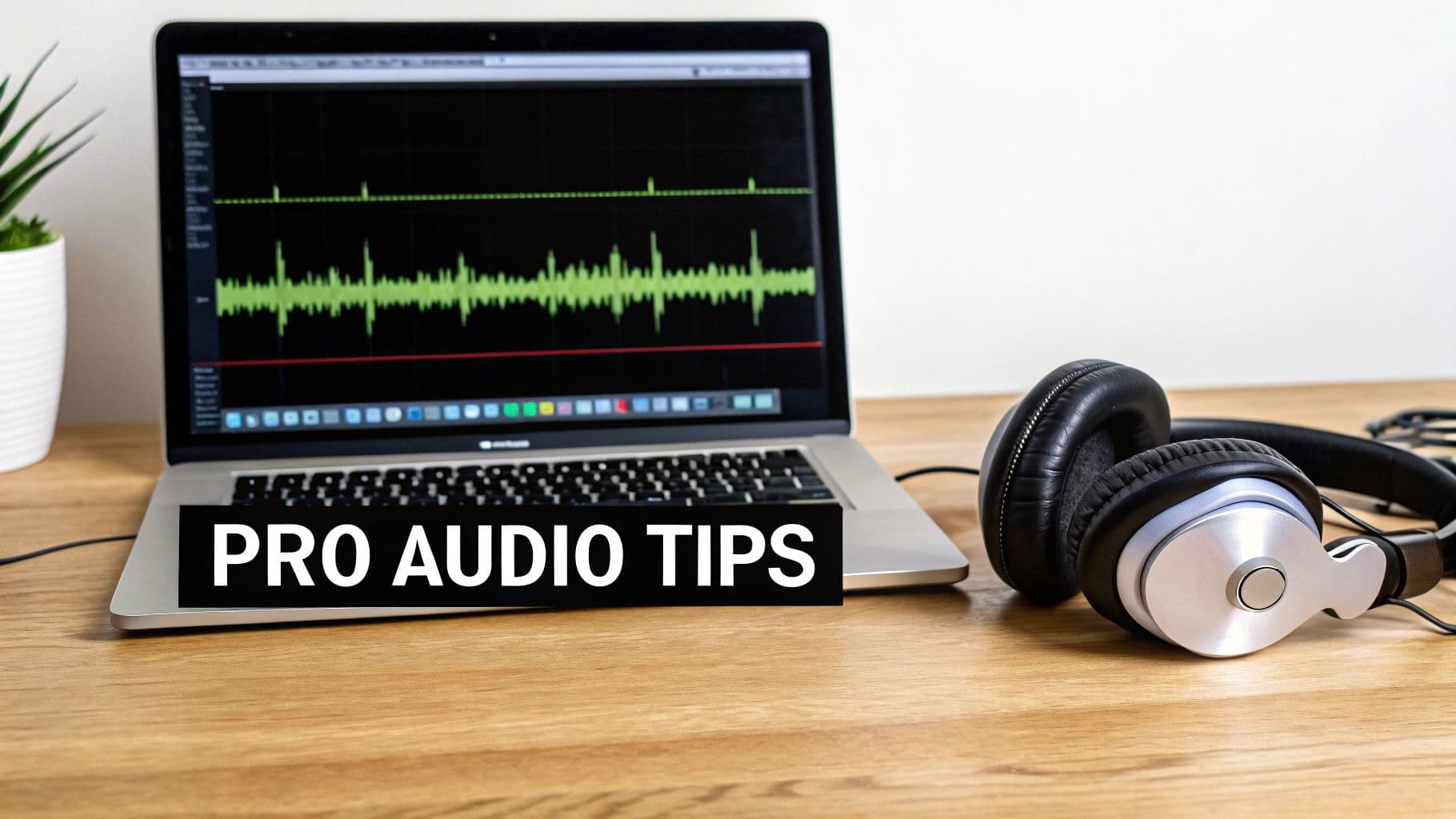 Un portàtil que mostra formes d'ona d'àudio, amb auriculars negres sobre un escriptori de fusta, i text 'PRO AUDIO TIPS'.