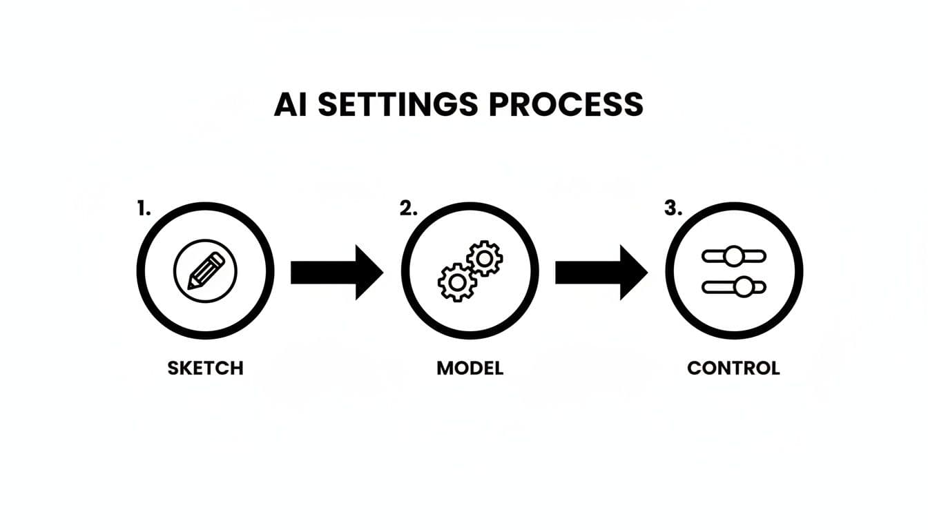 Un diagramma visivo che illustra il processo delle impostazioni AI, dallo schizzo ai model e control stages.