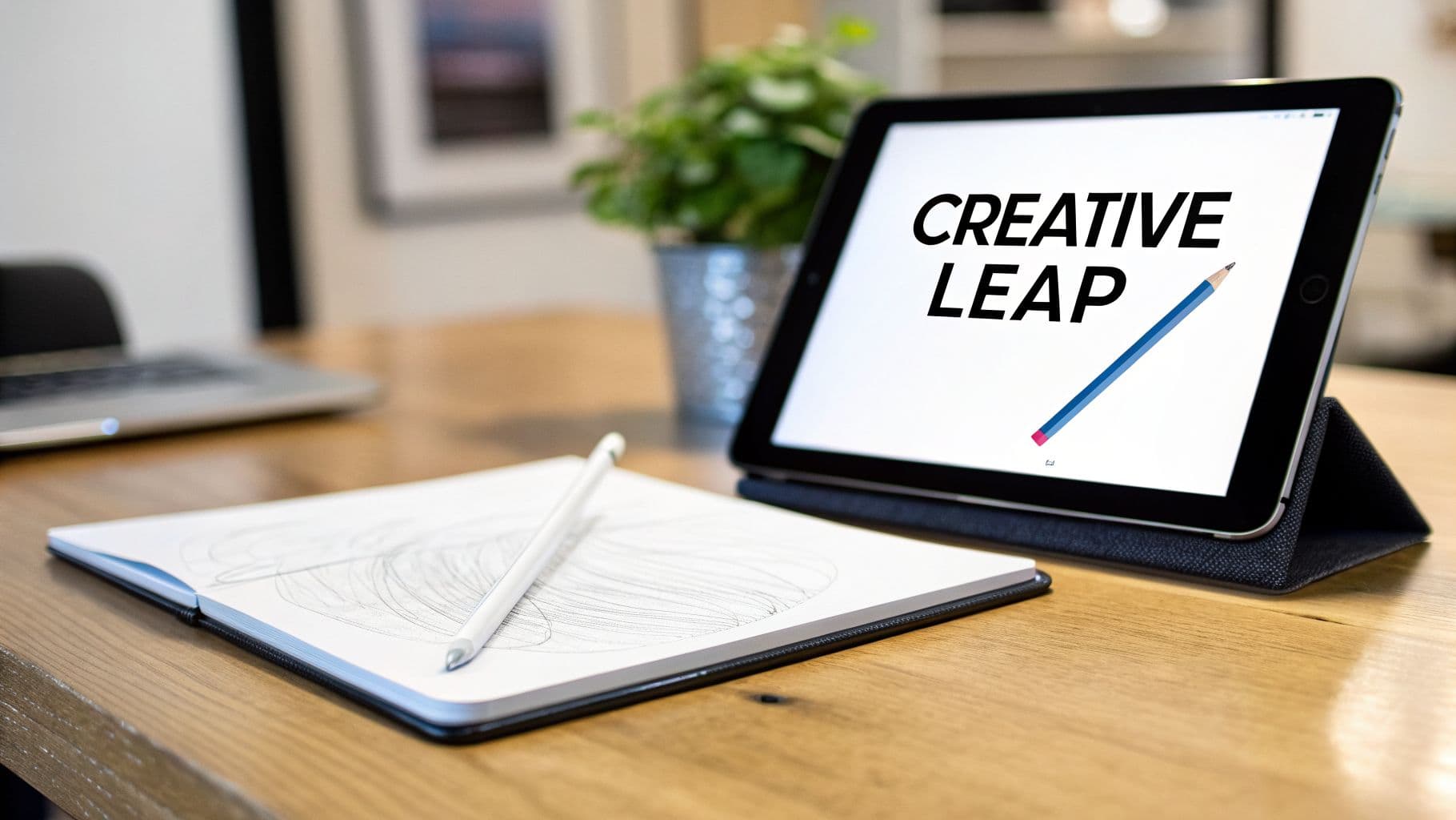 Spazio di lavoro creativo con un iPad che mostra il testo 'CREATIVE LEAP', un taccuino per schizzi e una stylus bianca.