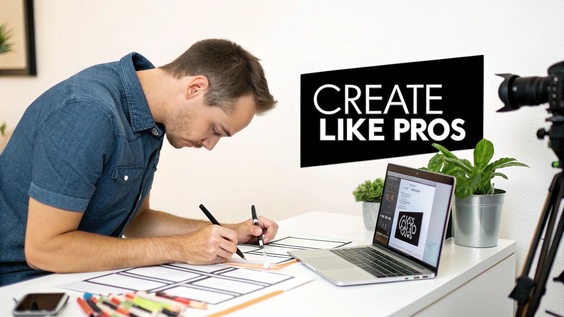 A man sketches storyboards at a desk with a laptop and a 'CREATE LIKE PROS' sign, filming a tutorial.