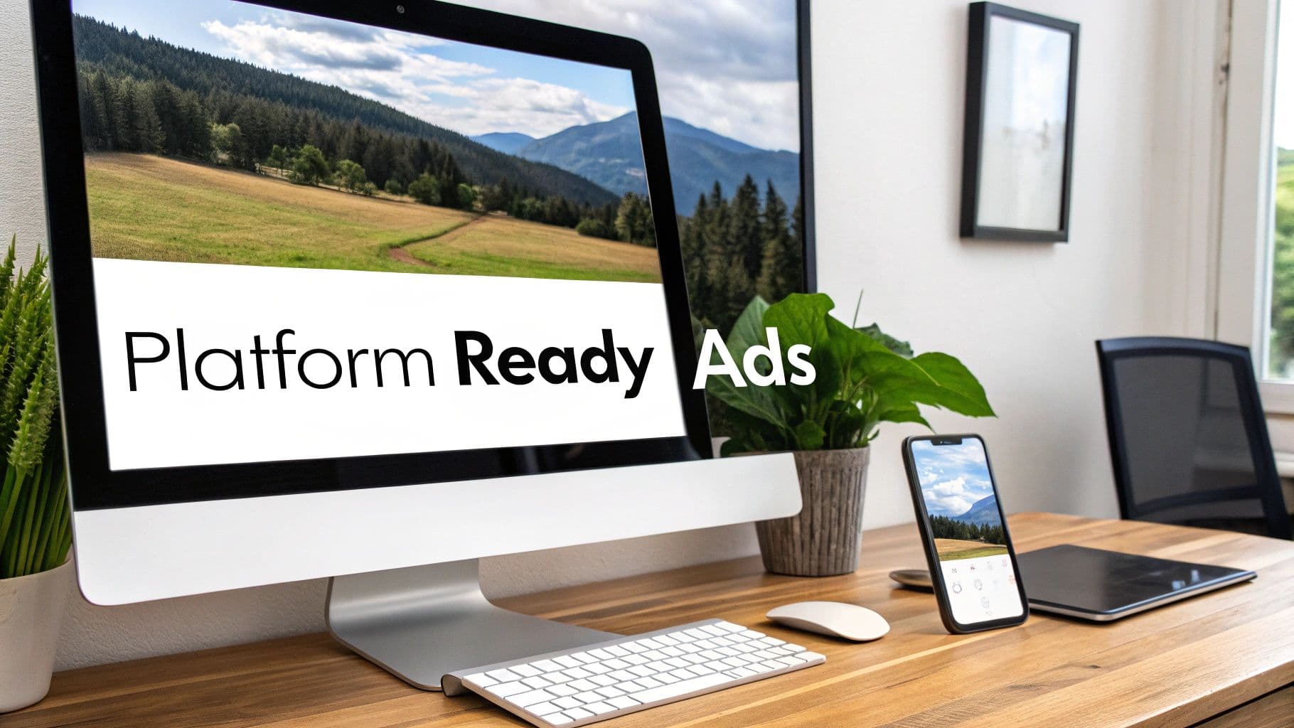 A modern workspace featuring a computer monitor displaying 'Platform Ready Ads' and a scenic background, alongside a smartphone, keyboard, and plants on a wooden desk.