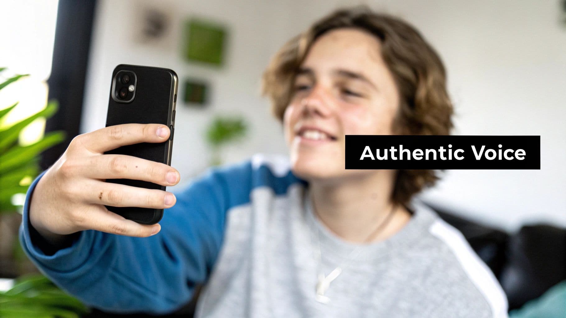 A young person smiles while holding a black smartphone to record a video or take a selfie.