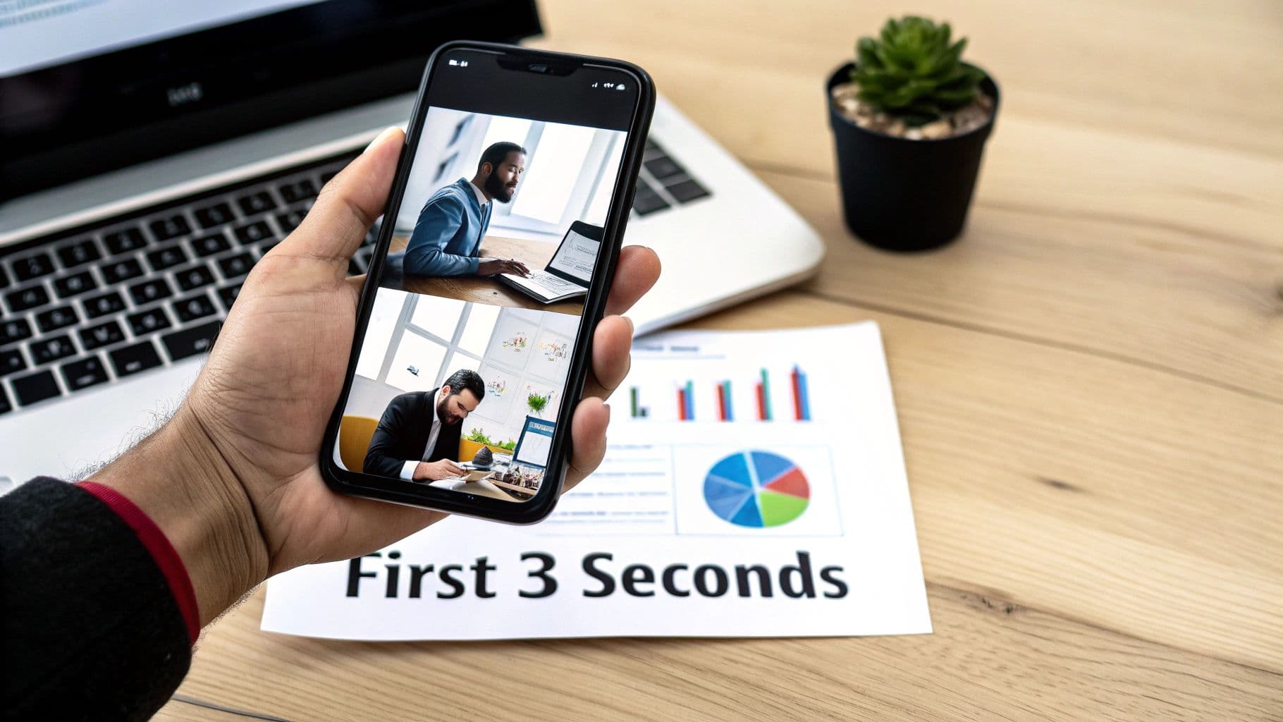 Una mà aguanta un smartphone mostrant dos professionals treballant, amb portàtil, gràfics i text 'Primeros 3 Segundos'.