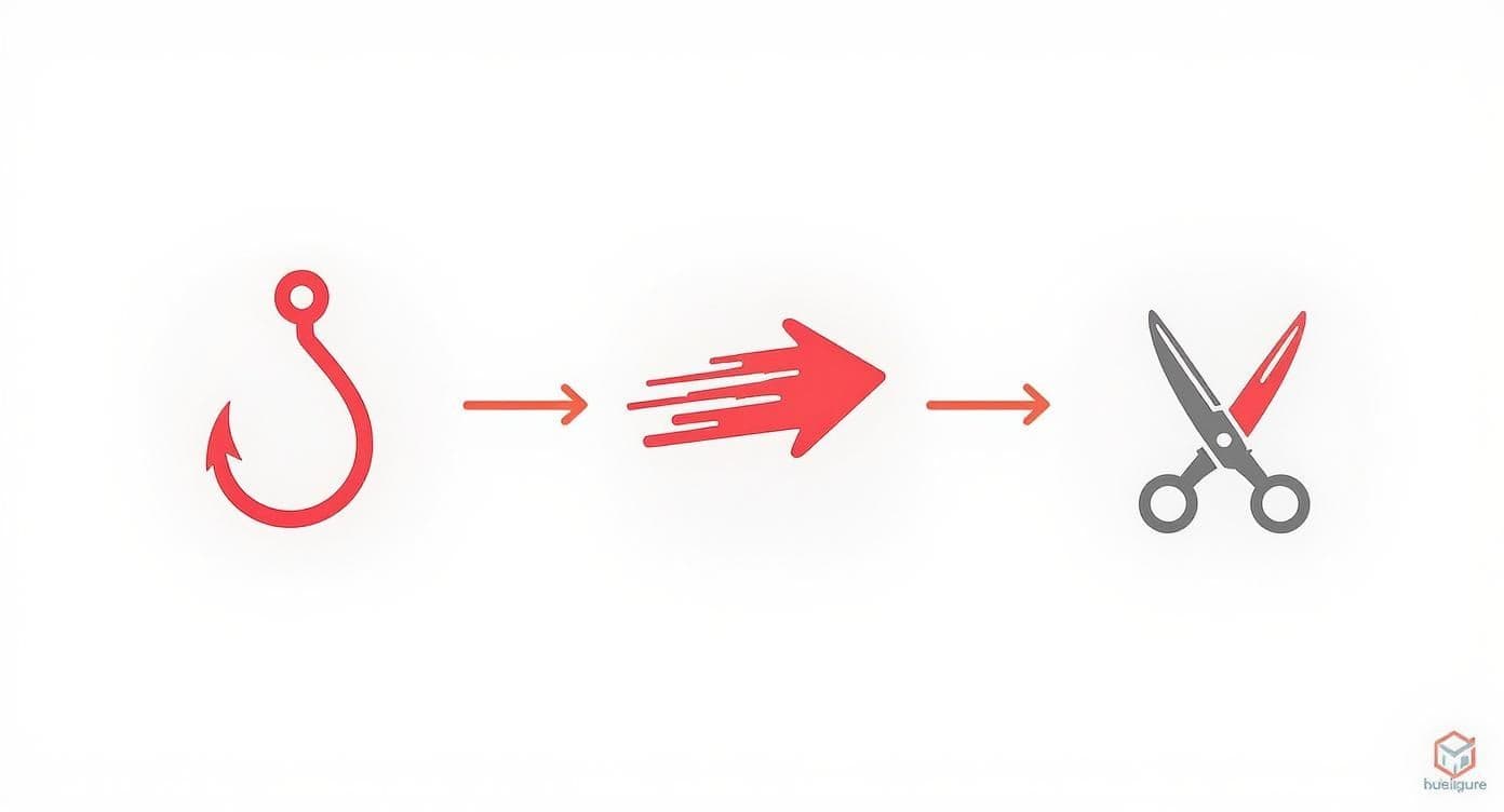 Infographic illustrating the process of hooking a viewer with icons for Hook, Pace, and Trim.
