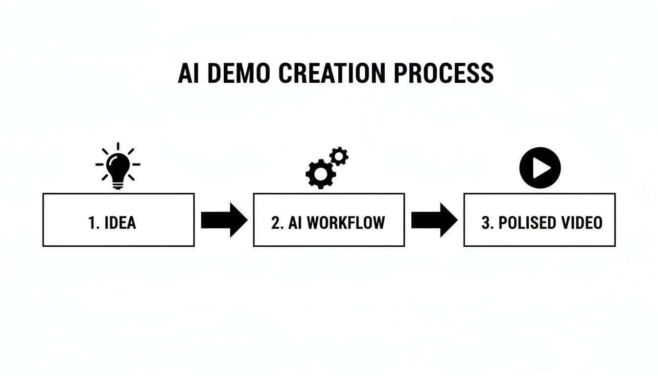 A process flow diagram illustrating the AI demo creation steps: Idea, AI Workflow, and Polished Video.