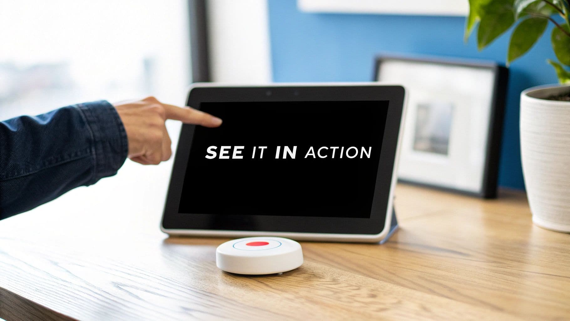 A hand points at a tablet screen displaying "SEE IT IN ACTION" on a wooden desk, next to a white smart button.