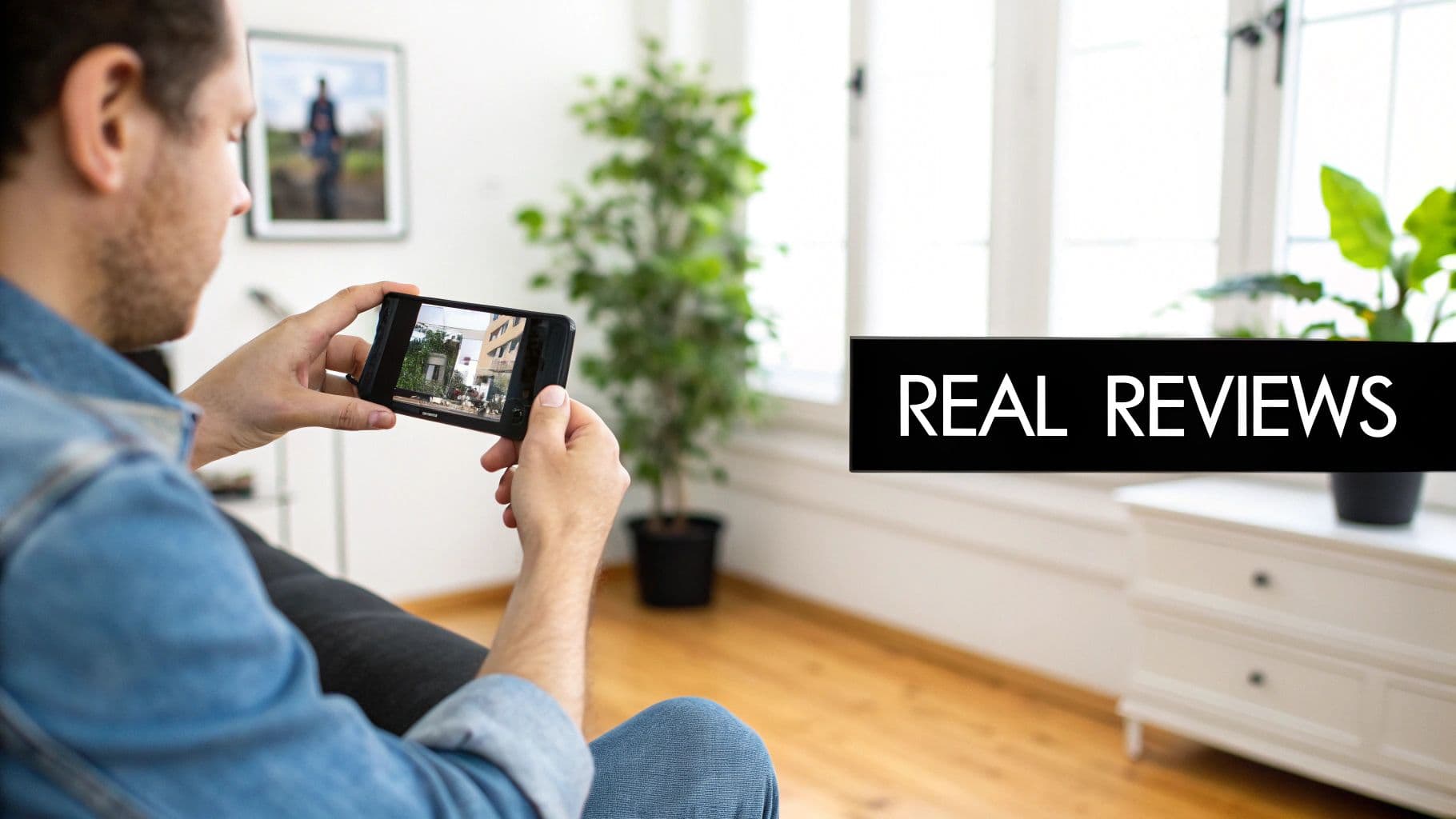 A man holds a smartphone displaying an exterior building image, with a 'REAL REVIEWS' text overlay.