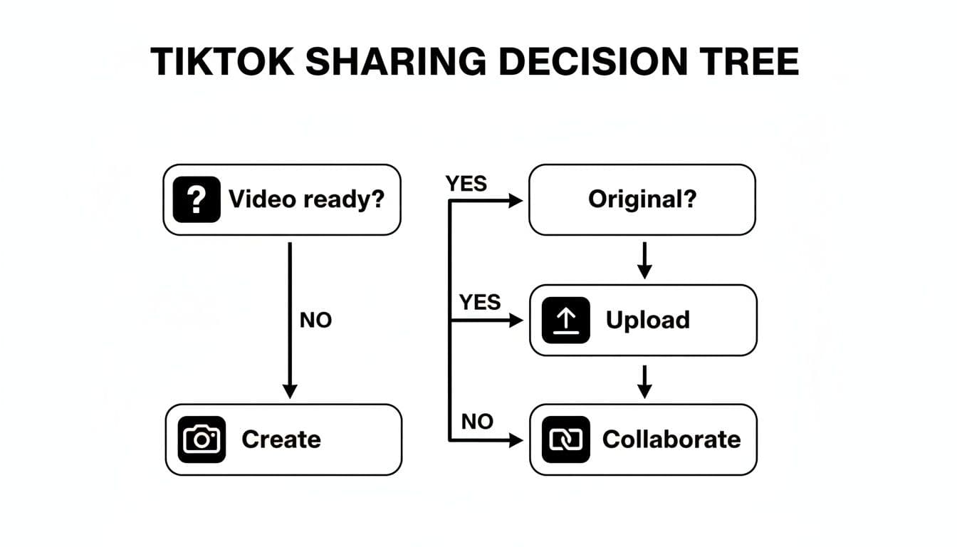 Un diagrama de flujo de decisiones para compartir en TikTok, que guía a los usuarios a través de la creación de vídeos, originalidad, subida y colaboración.