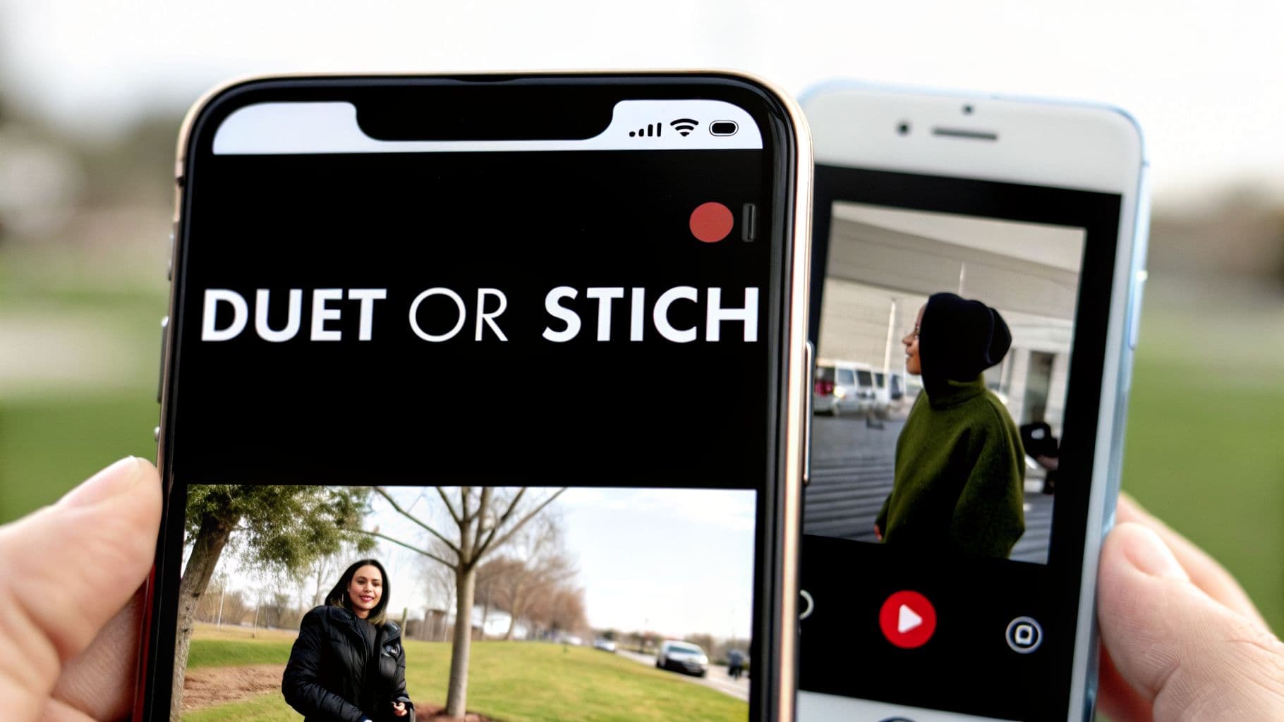 Dos smartphones mostrando opciones de edición de vídeo como «Duet o Stitch» y varias vistas previas de vídeos, sujetados por manos.