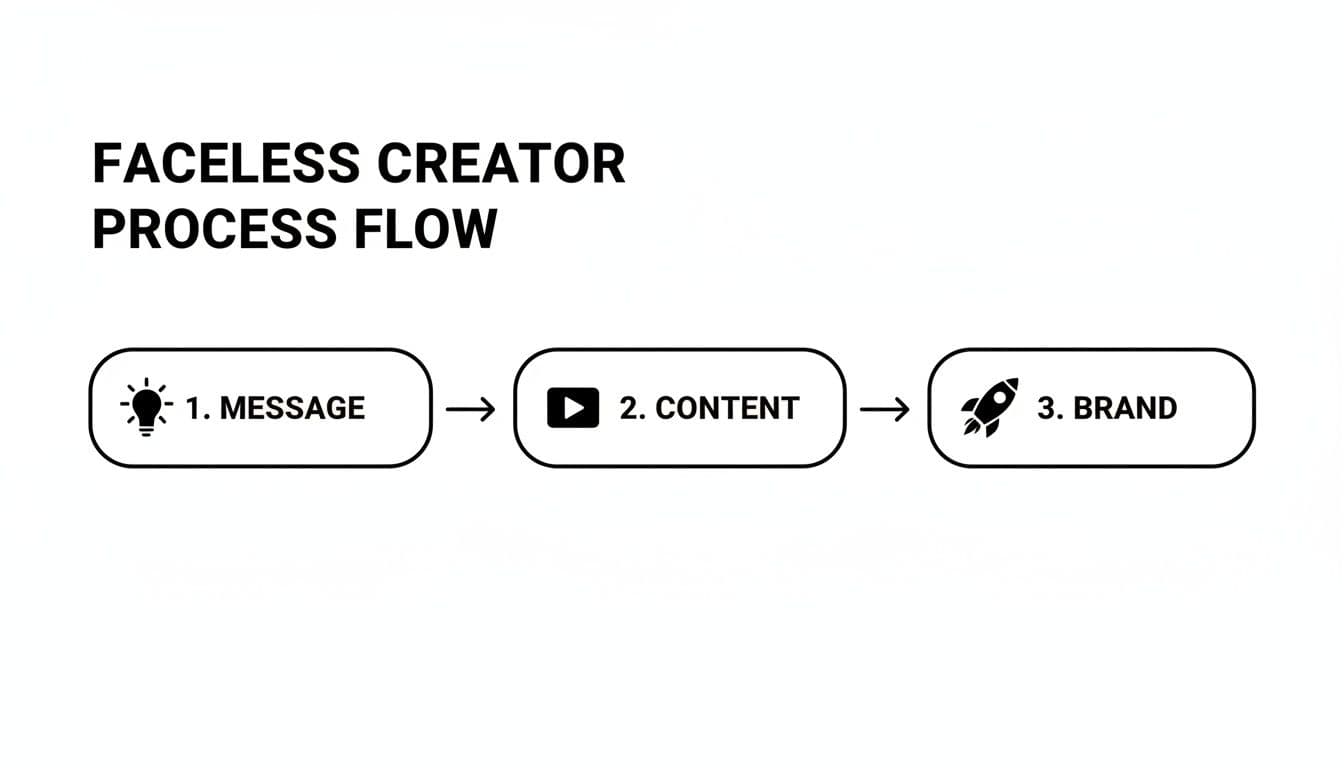 Un diagrama de flux de procés que il·lustra tres passos per a un creador sense rostre: 1. Missatge (bombeta), 2. Contingut (botó de reproducció) i 3. Marca (coet).