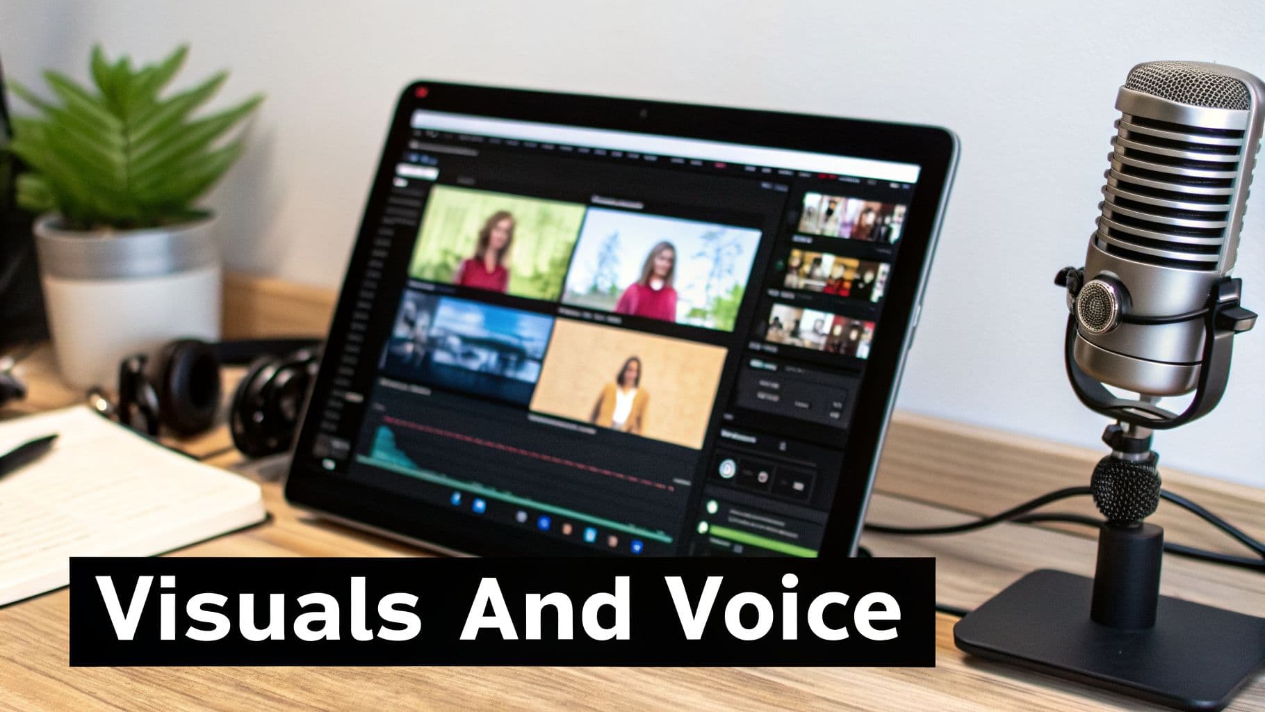 Una configuració d'escriptori amb una tauleta mostrant programari d'edició de vídeo, un micròfon, auriculars i un quadern.