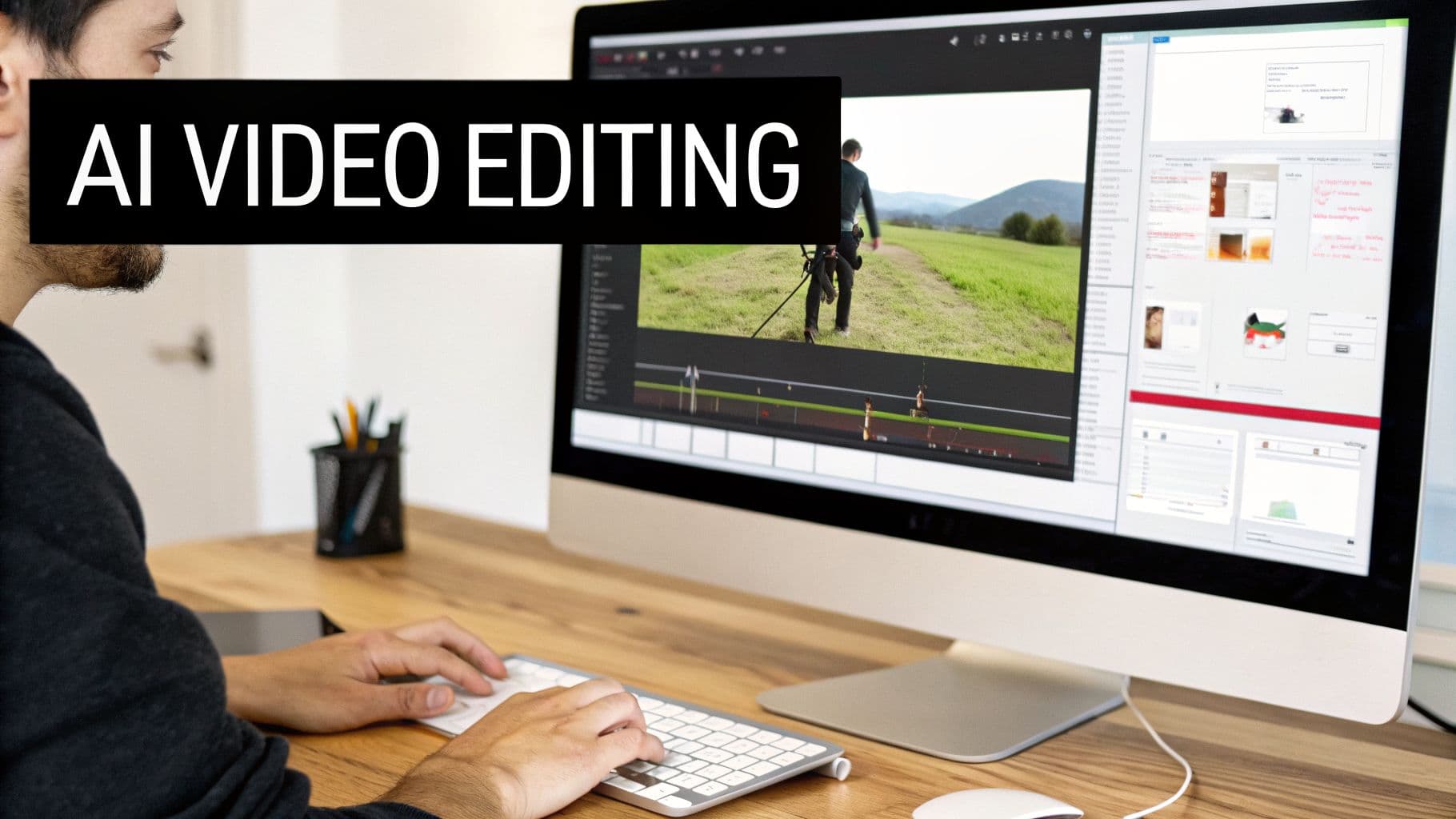 Una persona utilitza un ordinador per editar un vídeo, amb 'AI VIDEO EDITING' destacat prominentment.